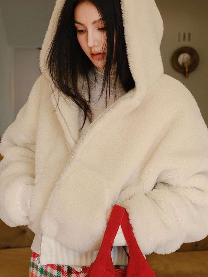 FU FRESH UP Plush Hooded Zip Cropped Cuffed Side Pocket Women&
