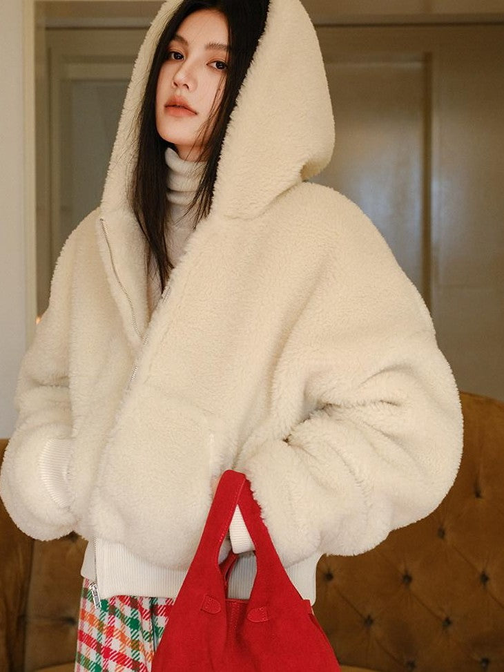 FU FRESH UP Plush Hooded Zip Cropped Cuffed Side Pocket Women&