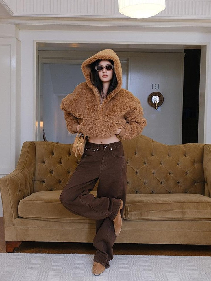 FU FRESH UP Plush Hooded Zip Cropped Cuffed Side Pocket Women&