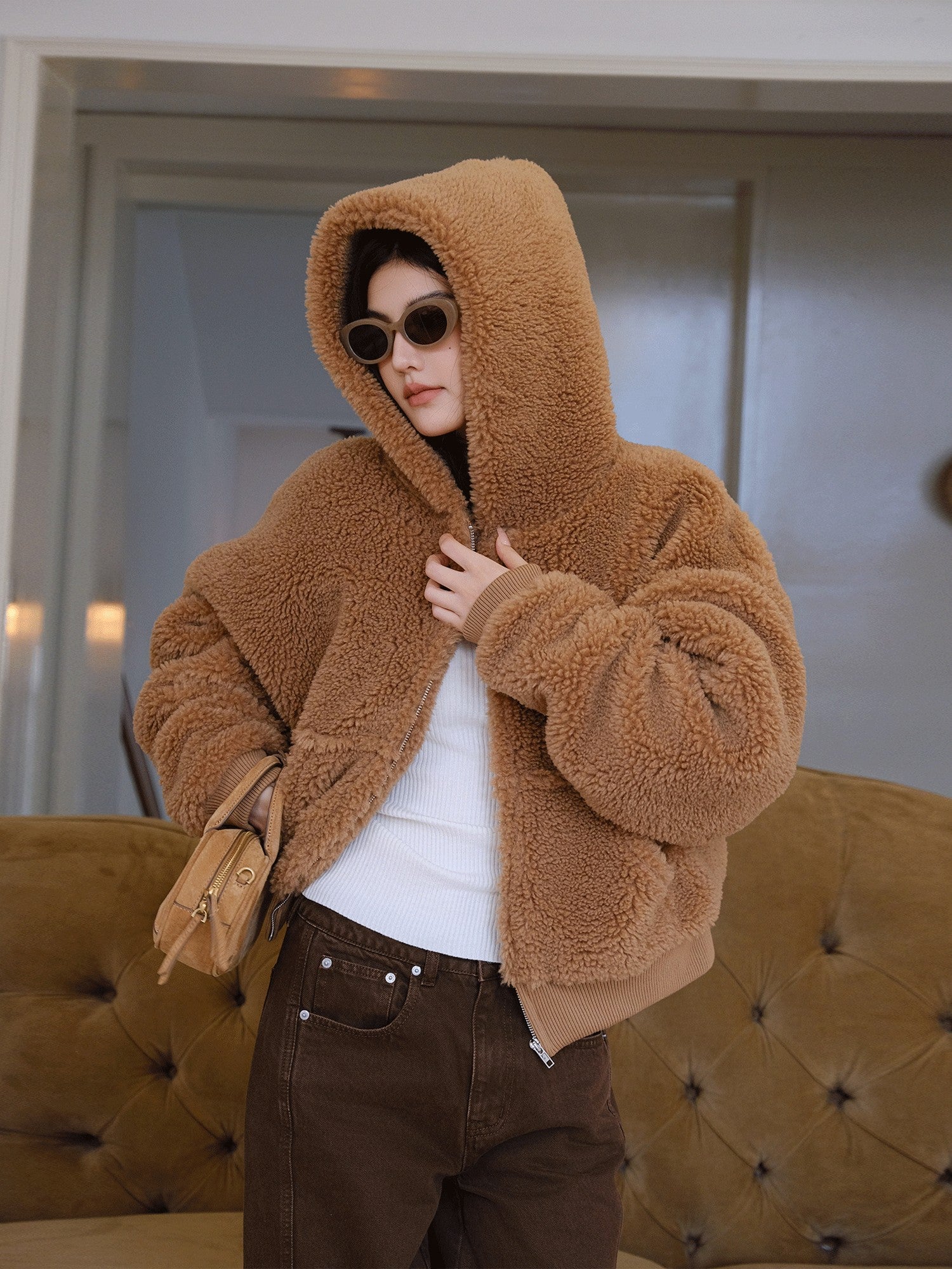 FU FRESH UP Plush Hooded Zip Cropped Cuffed Side Pocket Women&
