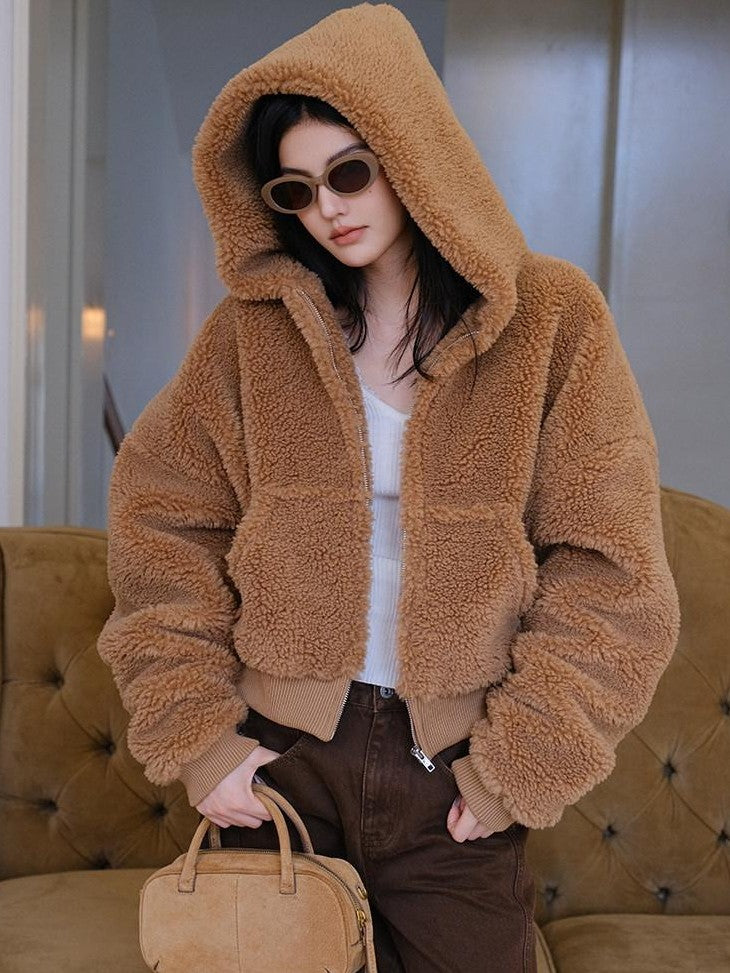 FU FRESH UP Plush Hooded Zip Cropped Cuffed Side Pocket Women&