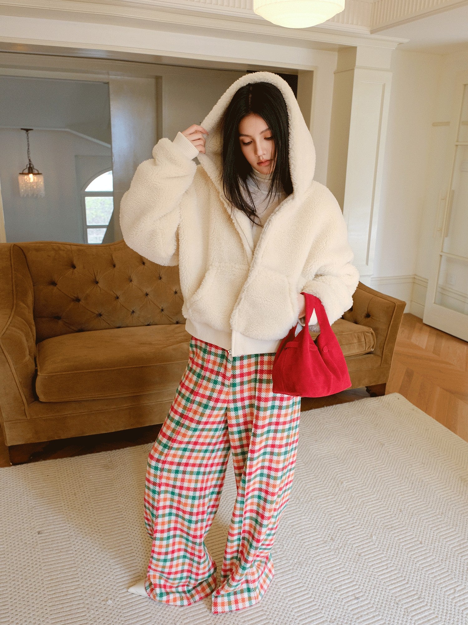 FU FRESH UP Plush Hooded Zip Cropped Cuffed Side Pocket Women&