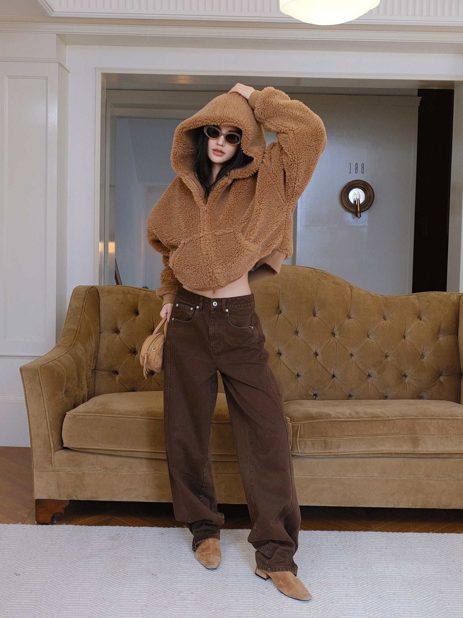 FU FRESH UP Plush Hooded Zip Cropped Cuffed Side Pocket Women&