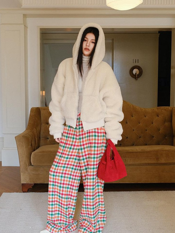 FU FRESH UP Plush Hooded Zip Cropped Cuffed Side Pocket Women&