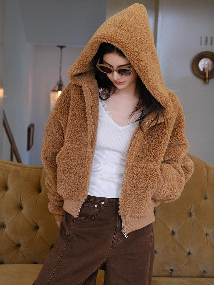 FU FRESH UP Plush Hooded Zip Cropped Cuffed Side Pocket Women&