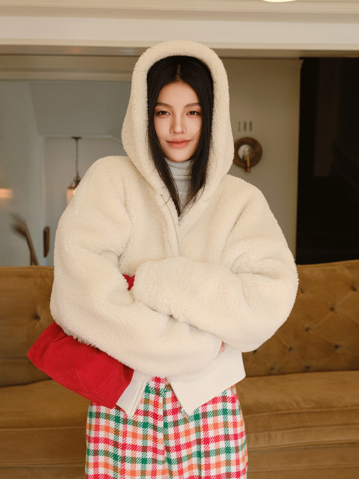 FU FRESH UP Plush Hooded Zip Cropped Cuffed Side Pocket Women&