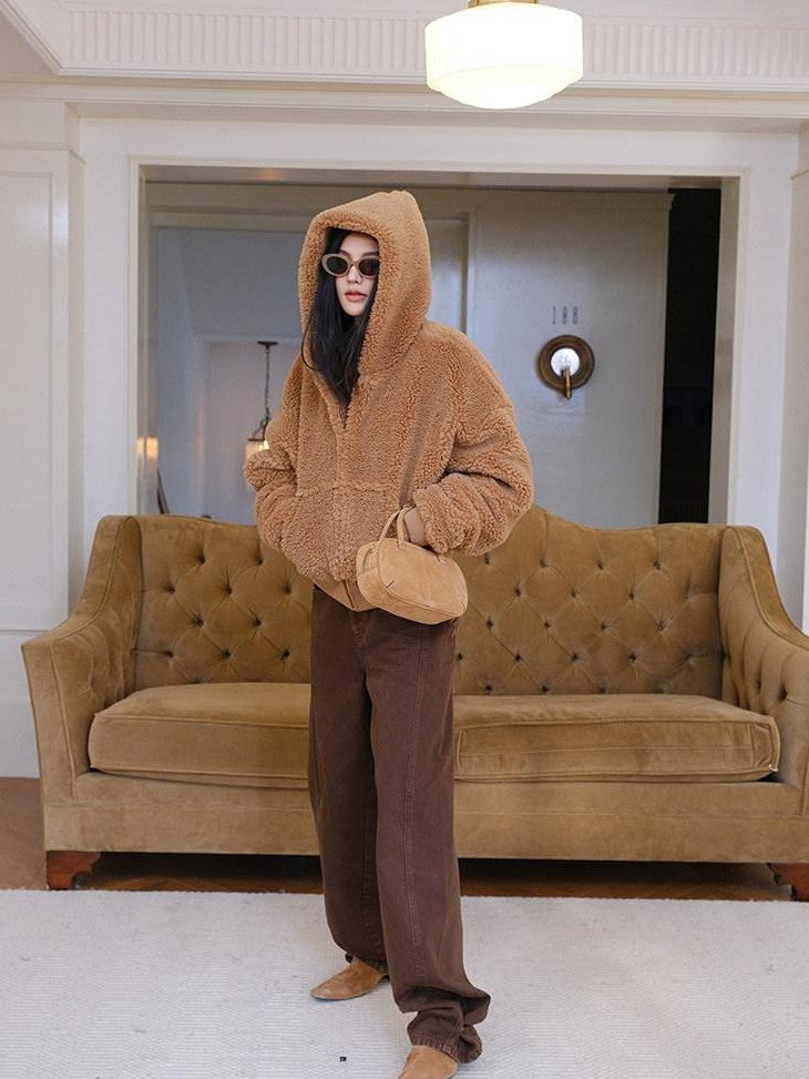 FU FRESH UP Plush Hooded Zip Cropped Cuffed Side Pocket Women&