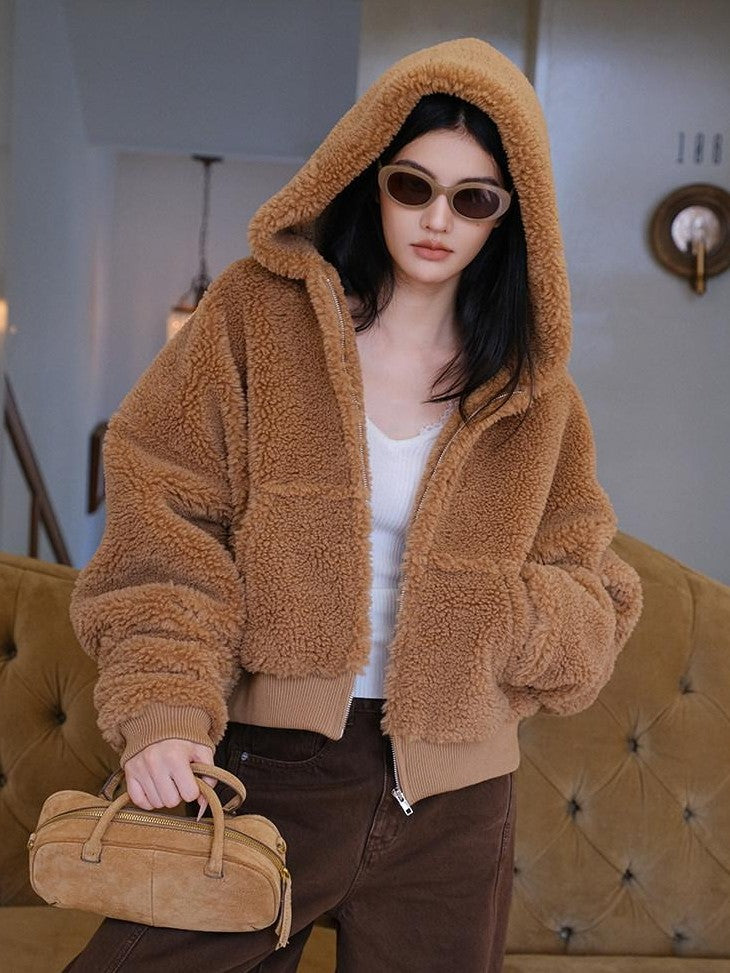 FU FRESH UP Plush Hooded Zip Cropped Cuffed Side Pocket Women&