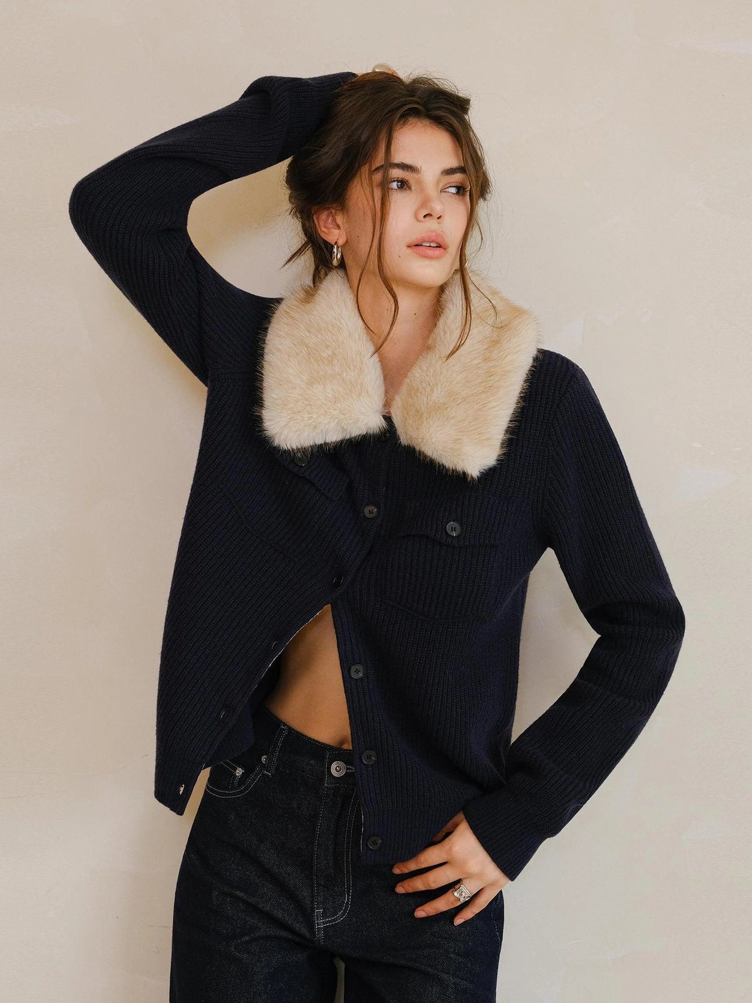 FU FRESH UP Plush Tencel Wool Detachable Collar Cardigan