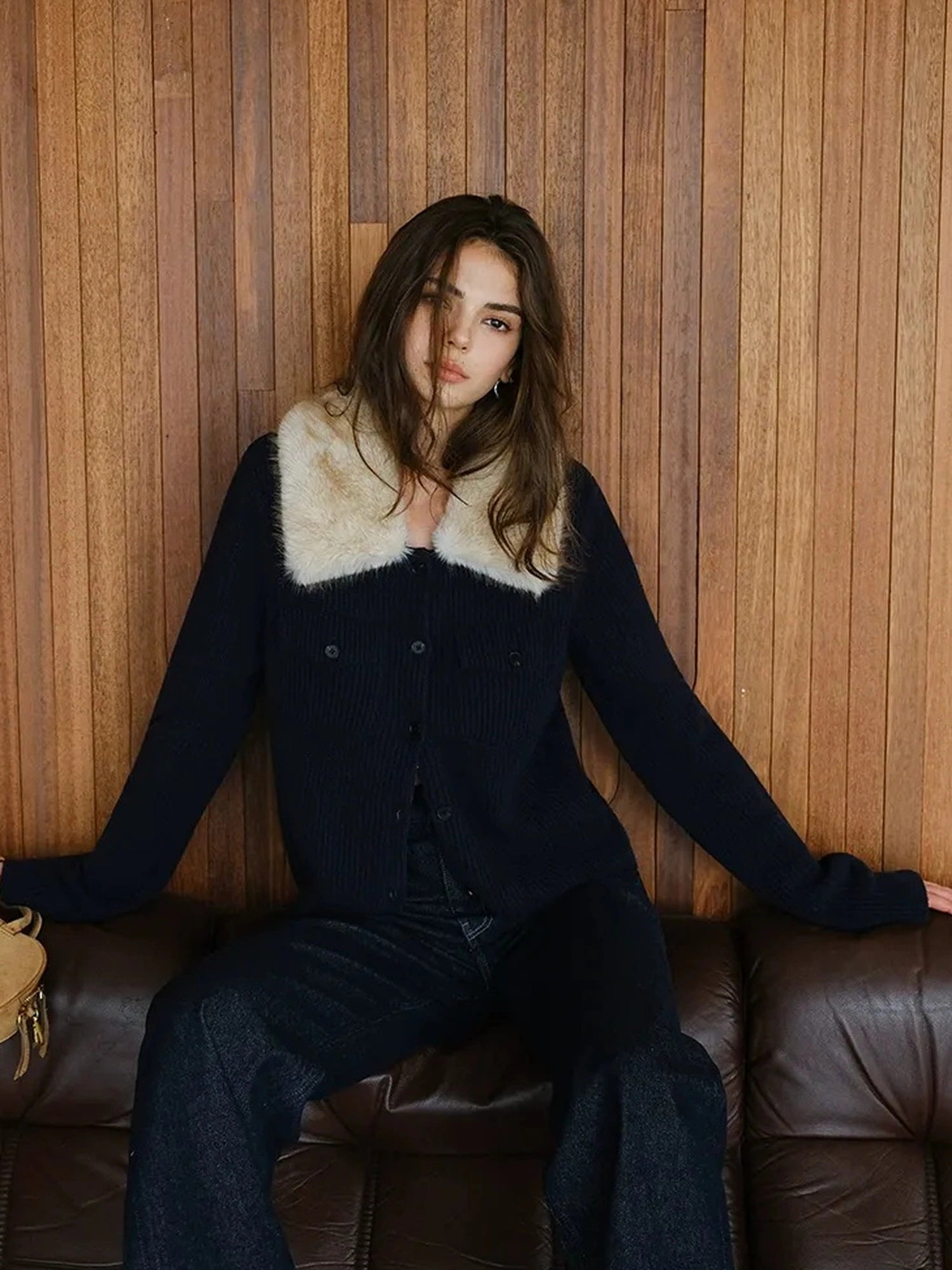 FU FRESH UP Plush Tencel Wool Detachable Collar Cardigan