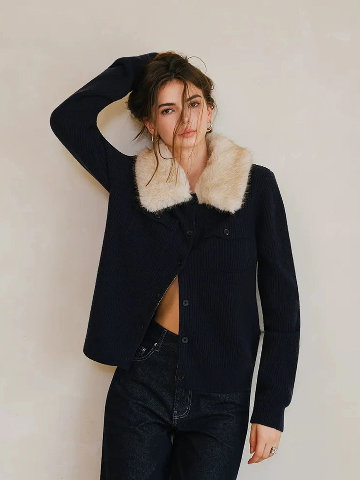 FU FRESH UP Plush Tencel Wool Detachable Collar Cardigan