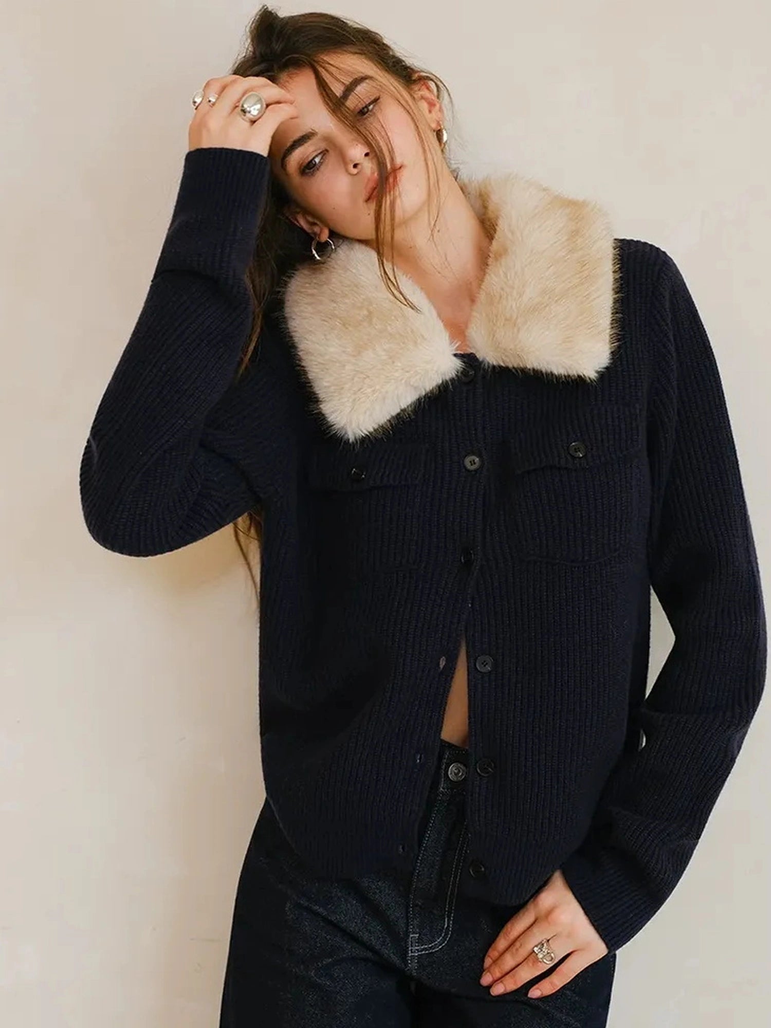 FU FRESH UP Plush Tencel Wool Detachable Collar Cardigan