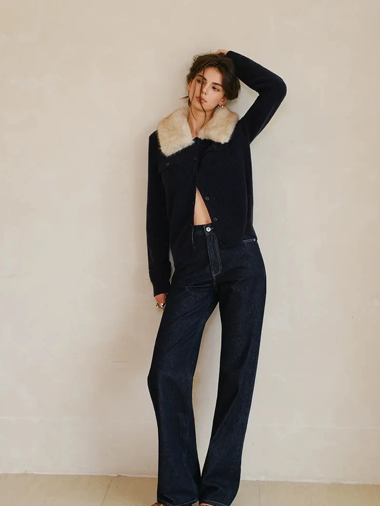 FU FRESH UP Plush Tencel Wool Detachable Collar Cardigan