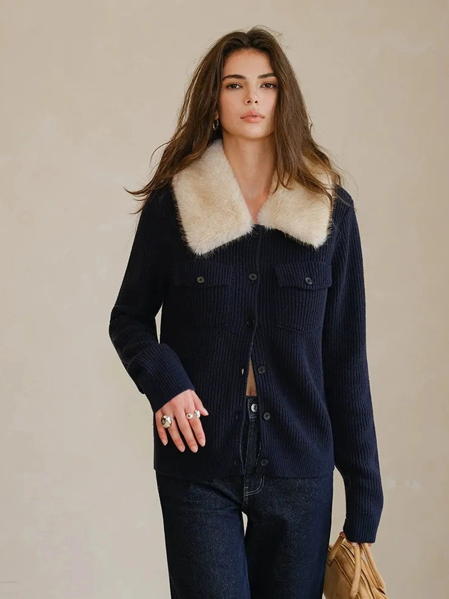 FU FRESH UP Plush Tencel Wool Detachable Collar Cardigan