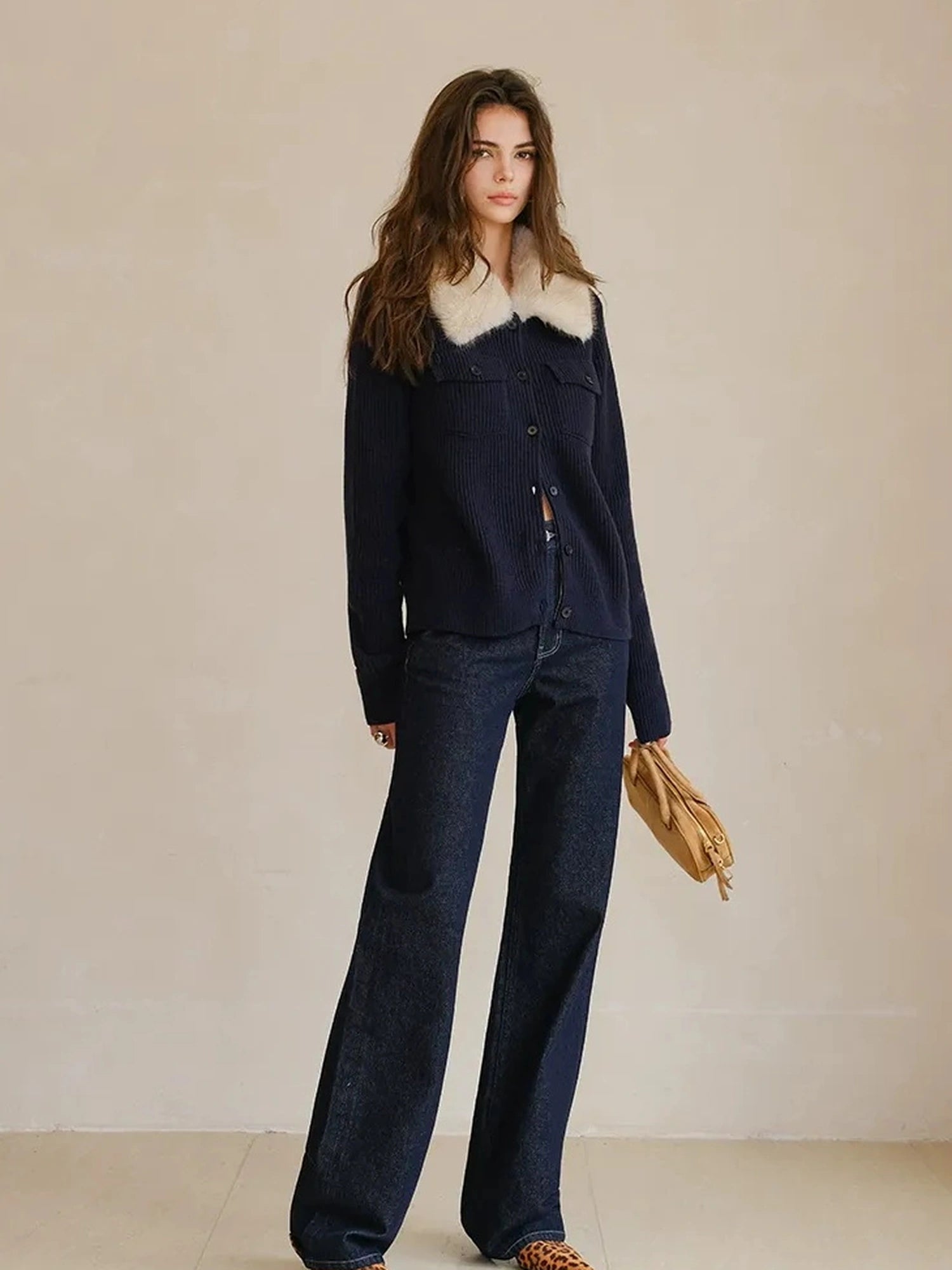 FU FRESH UP Plush Tencel Wool Detachable Collar Cardigan
