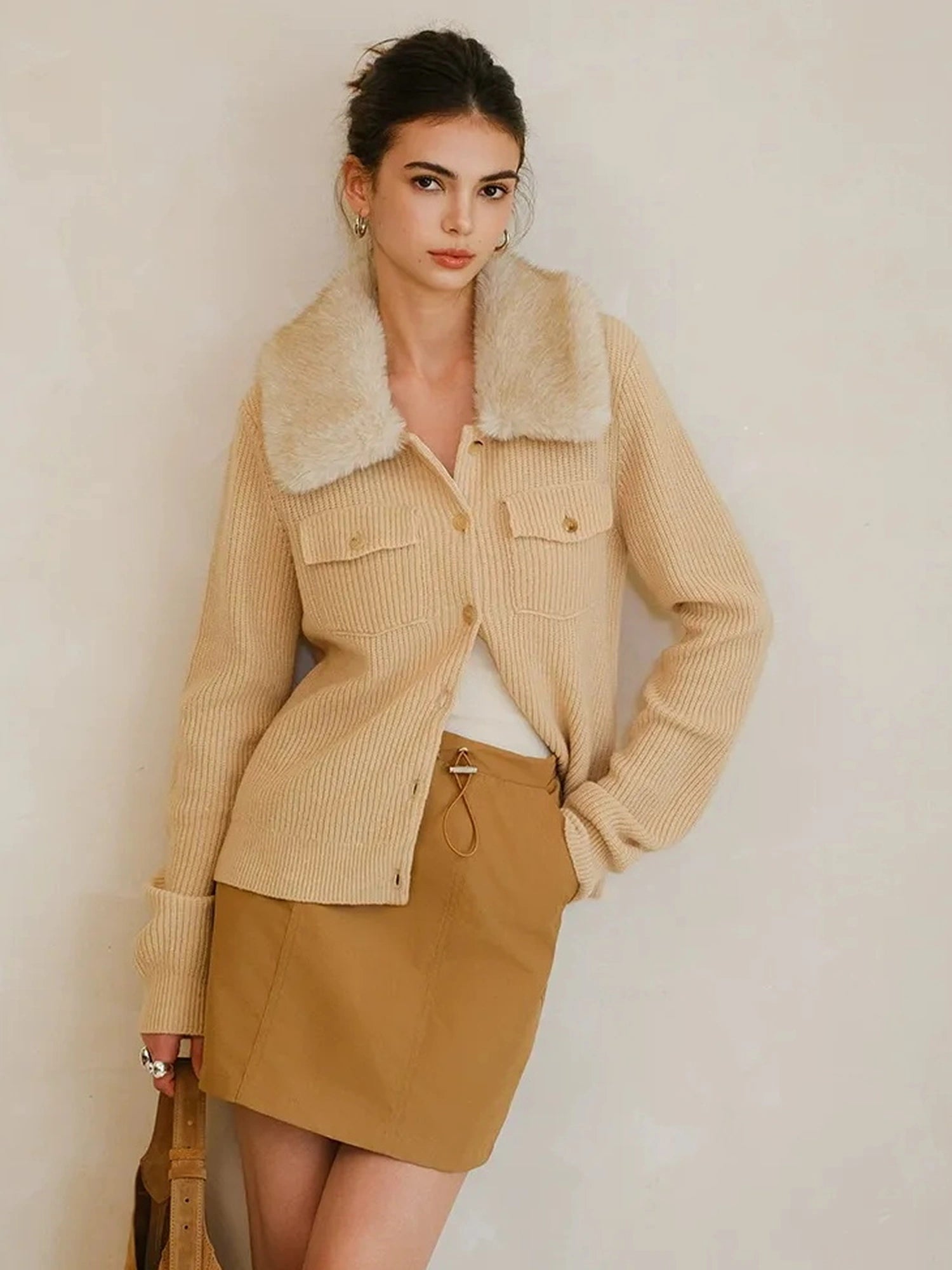 FU FRESH UP Plush Tencel Wool Detachable Collar Cardigan
