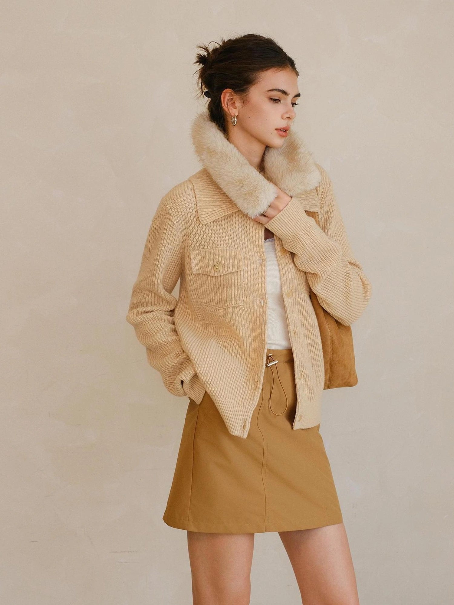 FU FRESH UP Plush Tencel Wool Detachable Collar Cardigan
