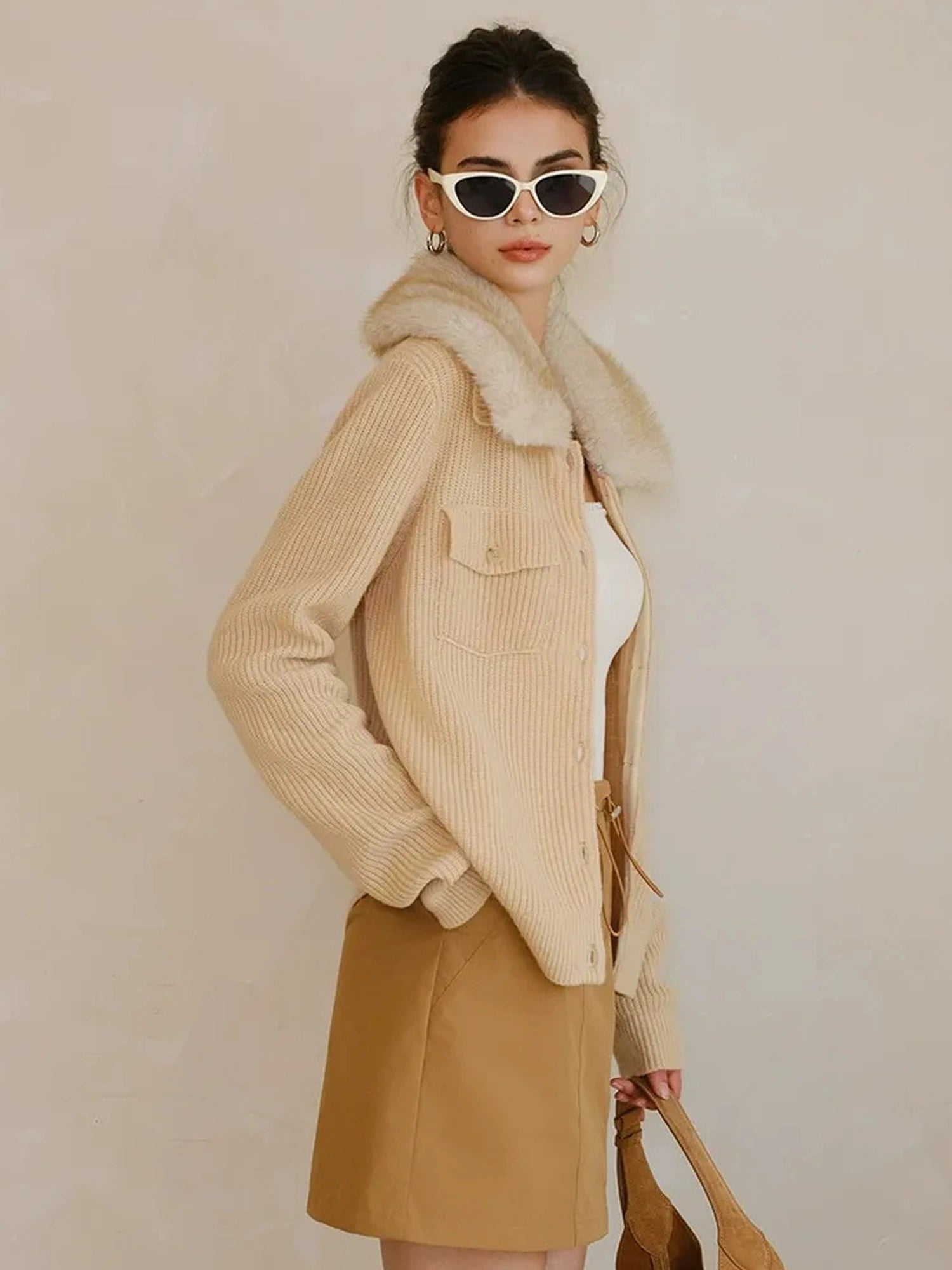 FU FRESH UP Plush Tencel Wool Detachable Collar Cardigan