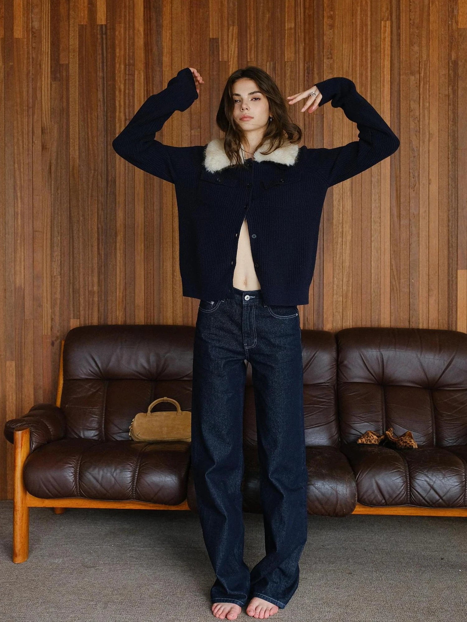 FU FRESH UP Plush Tencel Wool Detachable Collar Cardigan