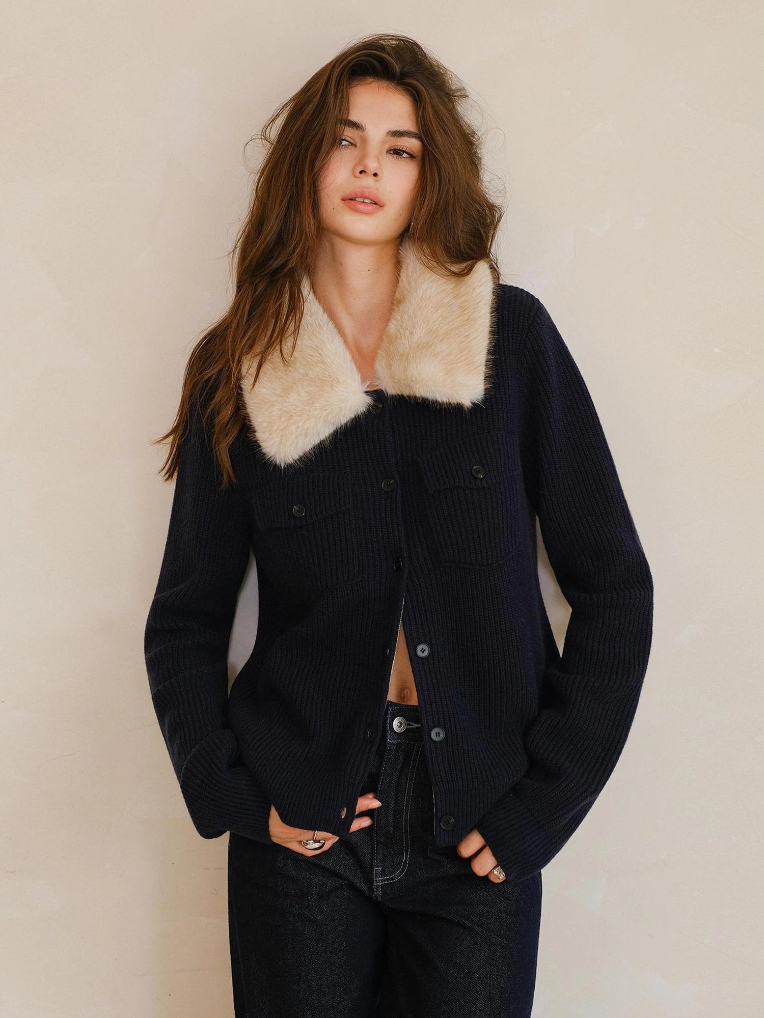 FU FRESH UP Plush Tencel Wool Detachable Collar Cardigan
