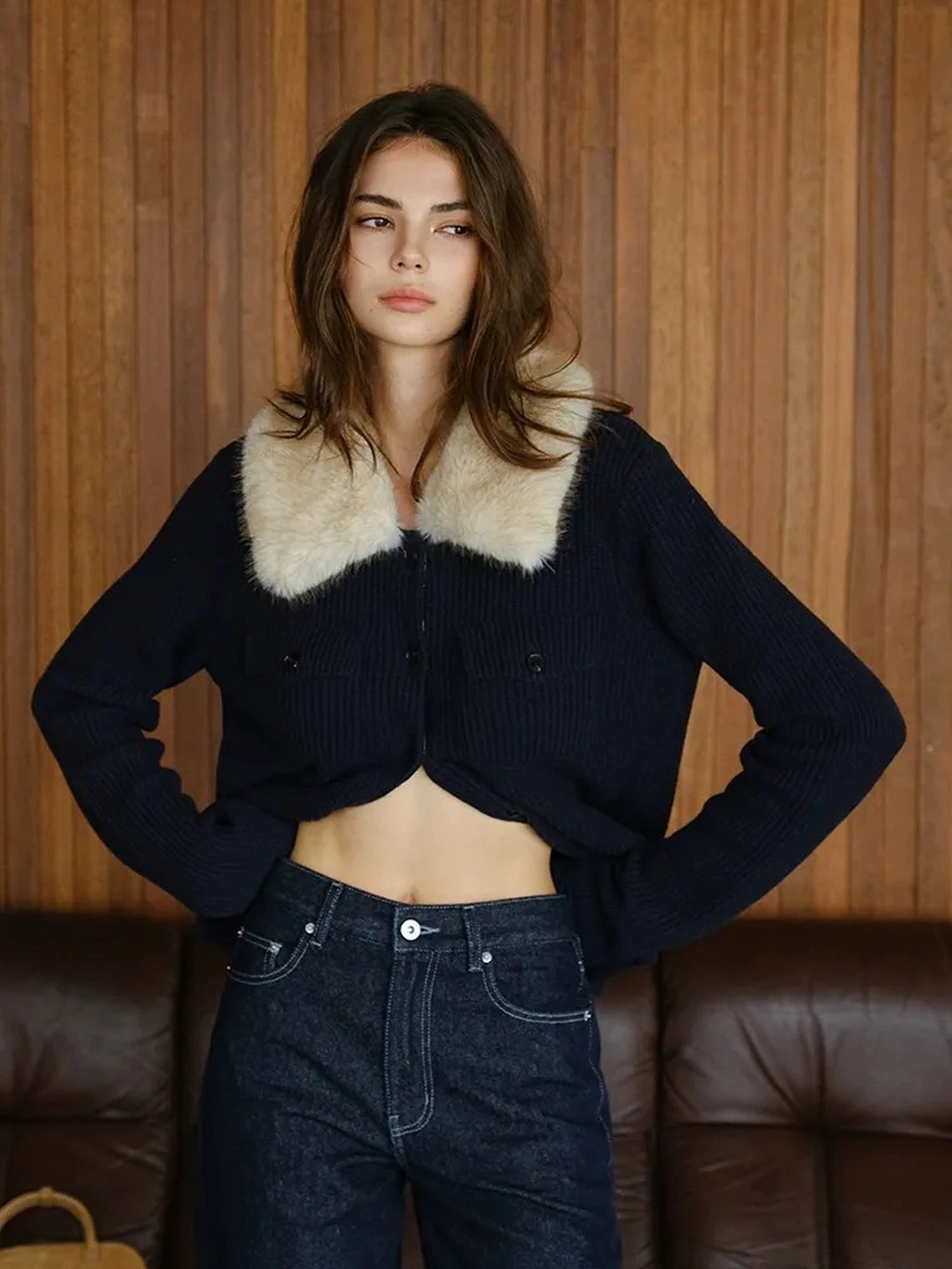 FU FRESH UP Plush Tencel Wool Detachable Collar Cardigan