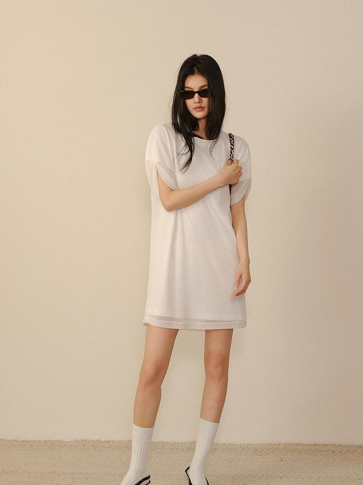 FU FRESH UP Relaxed Lace Mesh Sleeve Faux Two Piece Women&