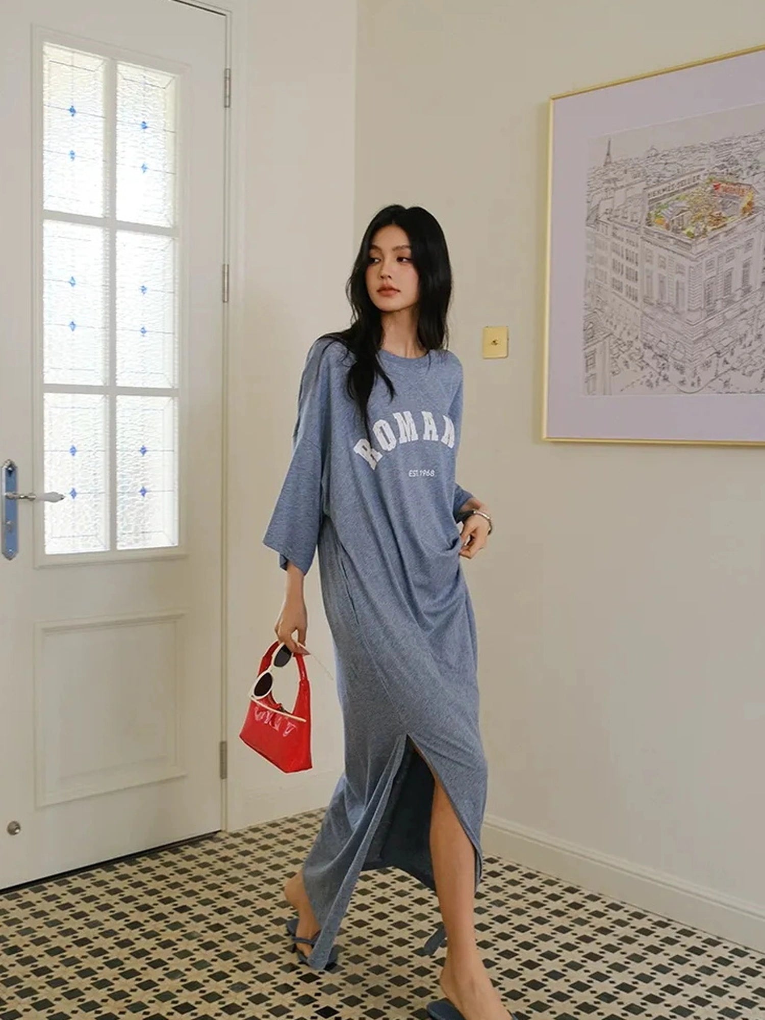 FU FRESH UP Relaxed Lyocell Cotton Print Maxi Dress V-neck T-shirt Long Sleeve