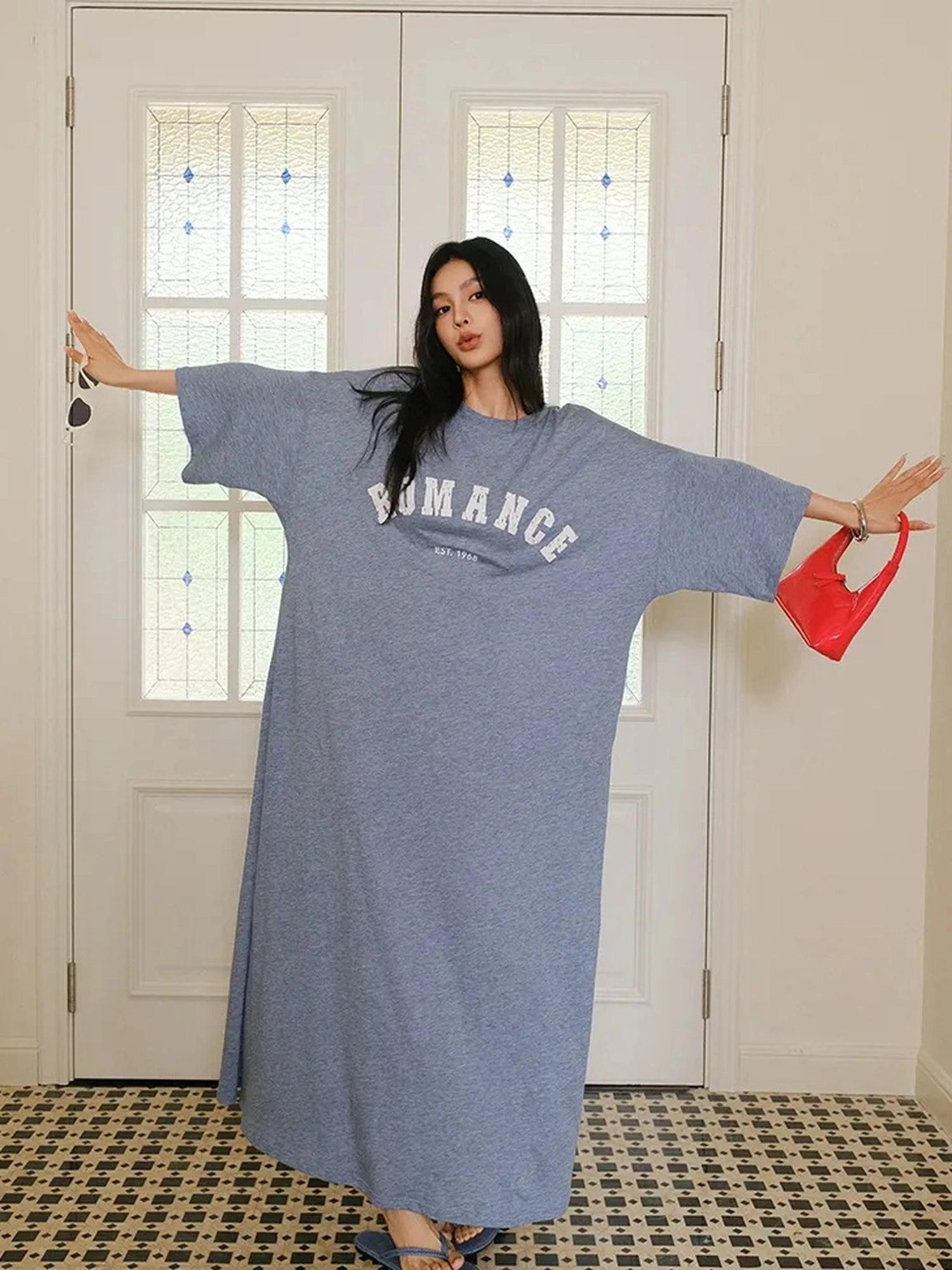 FU FRESH UP Relaxed Lyocell Cotton Print Maxi Dress V-neck T-shirt Long Sleeve