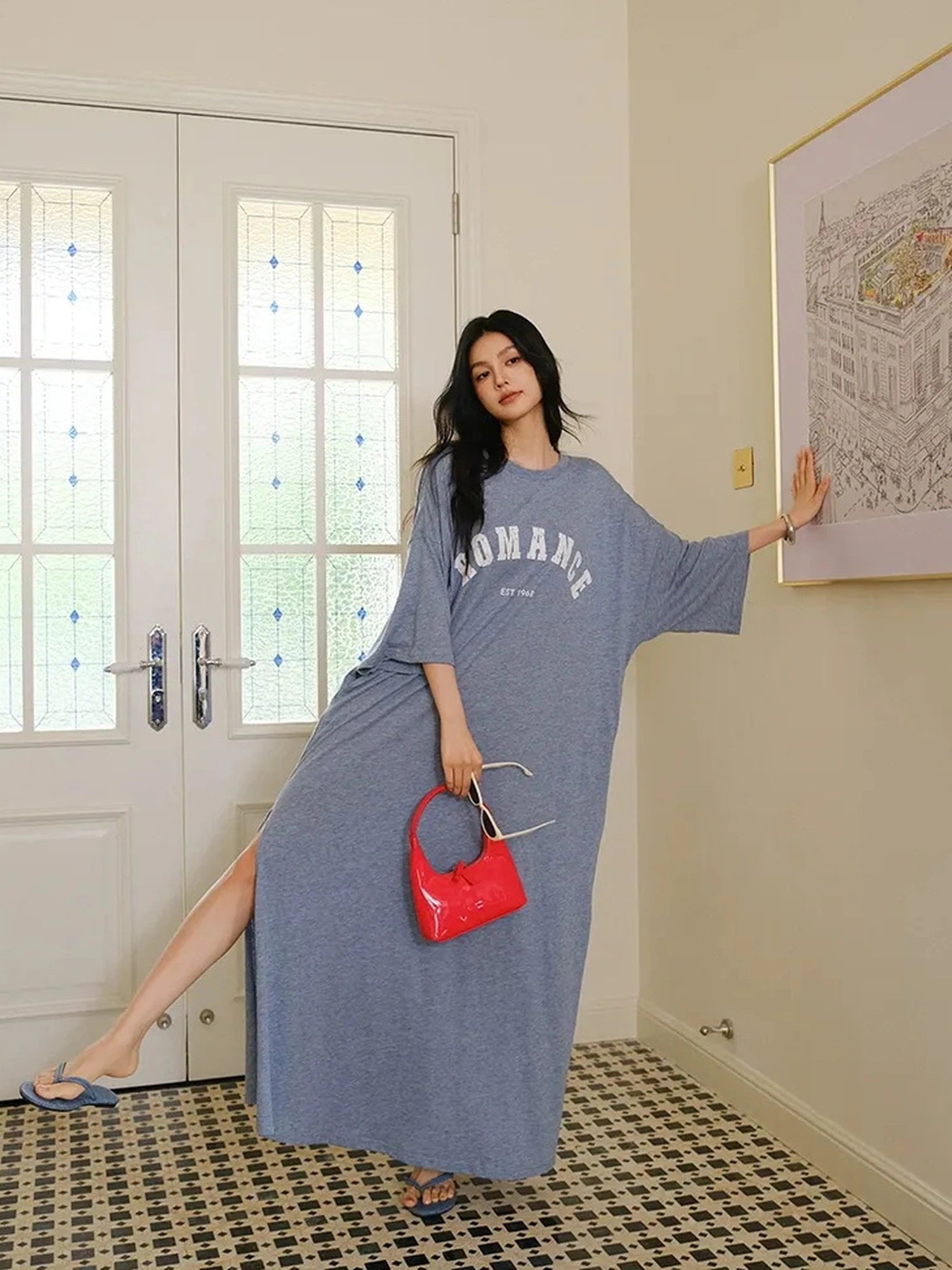 FU FRESH UP Relaxed Lyocell Cotton Print Maxi Dress V-neck T-shirt Long Sleeve