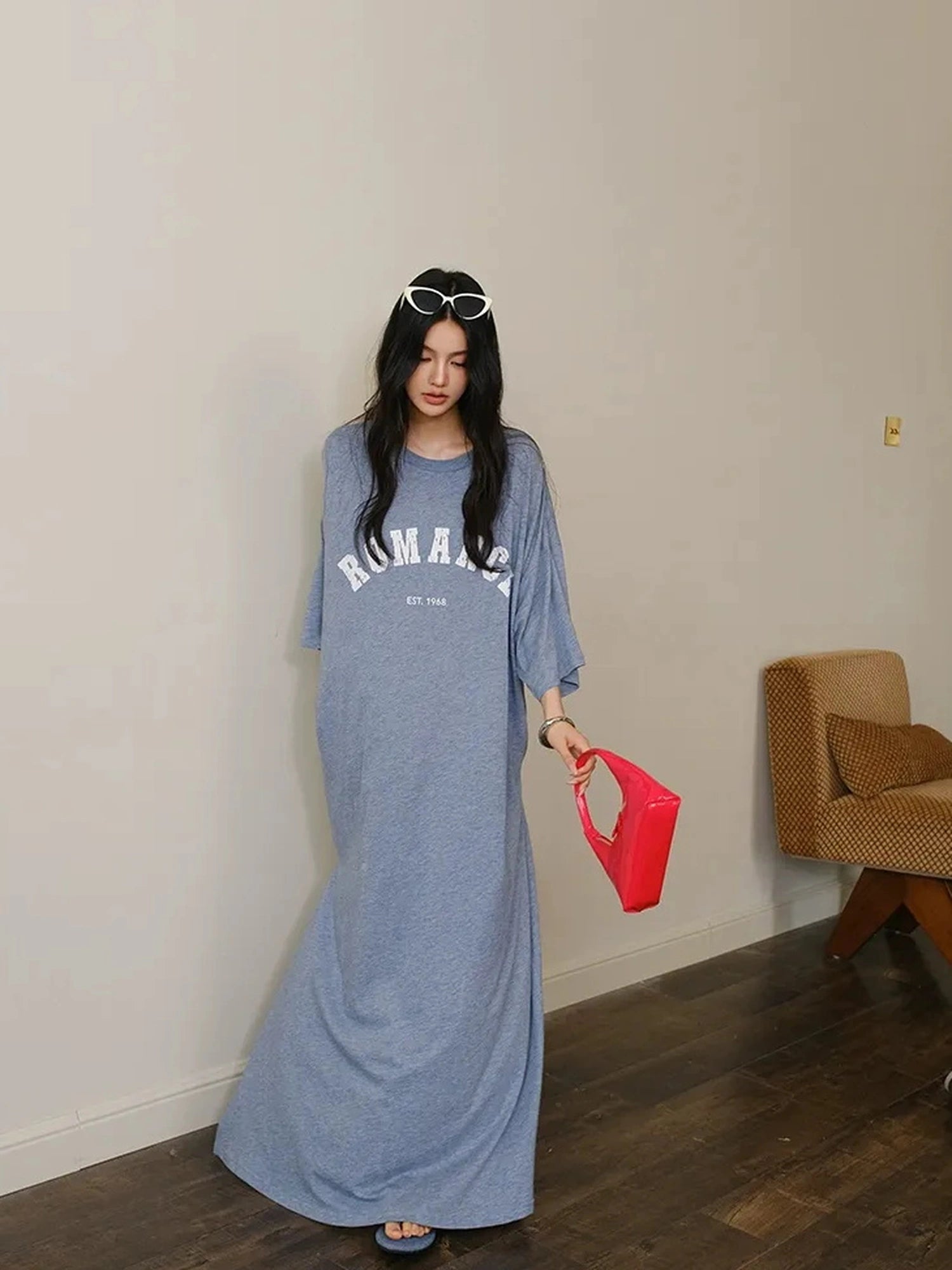 FU FRESH UP Relaxed Lyocell Cotton Print Maxi Dress V-neck T-shirt Long Sleeve