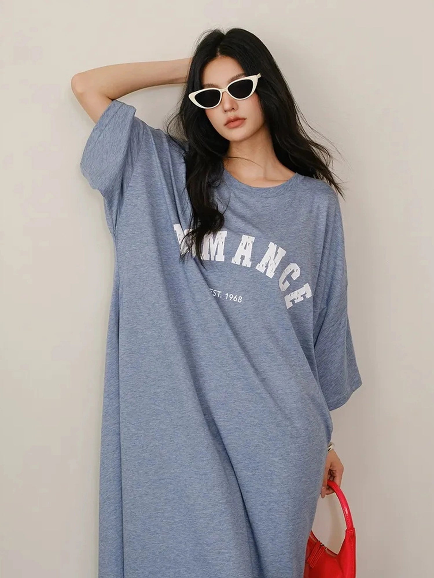 FU FRESH UP Relaxed Lyocell Cotton Print Maxi Dress V-neck T-shirt Long Sleeve