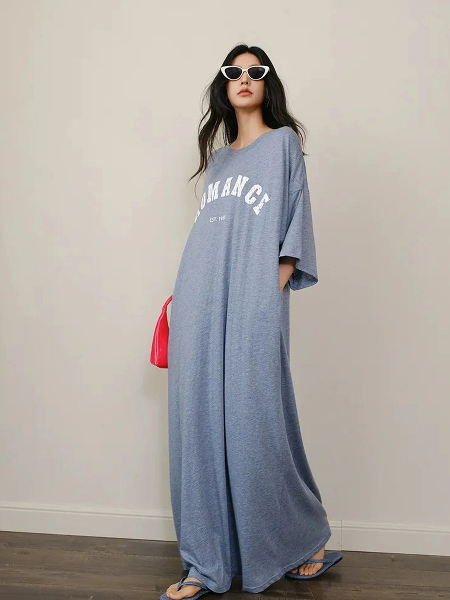 FU FRESH UP Relaxed Lyocell Cotton Print Maxi Dress V-neck T-shirt Long Sleeve