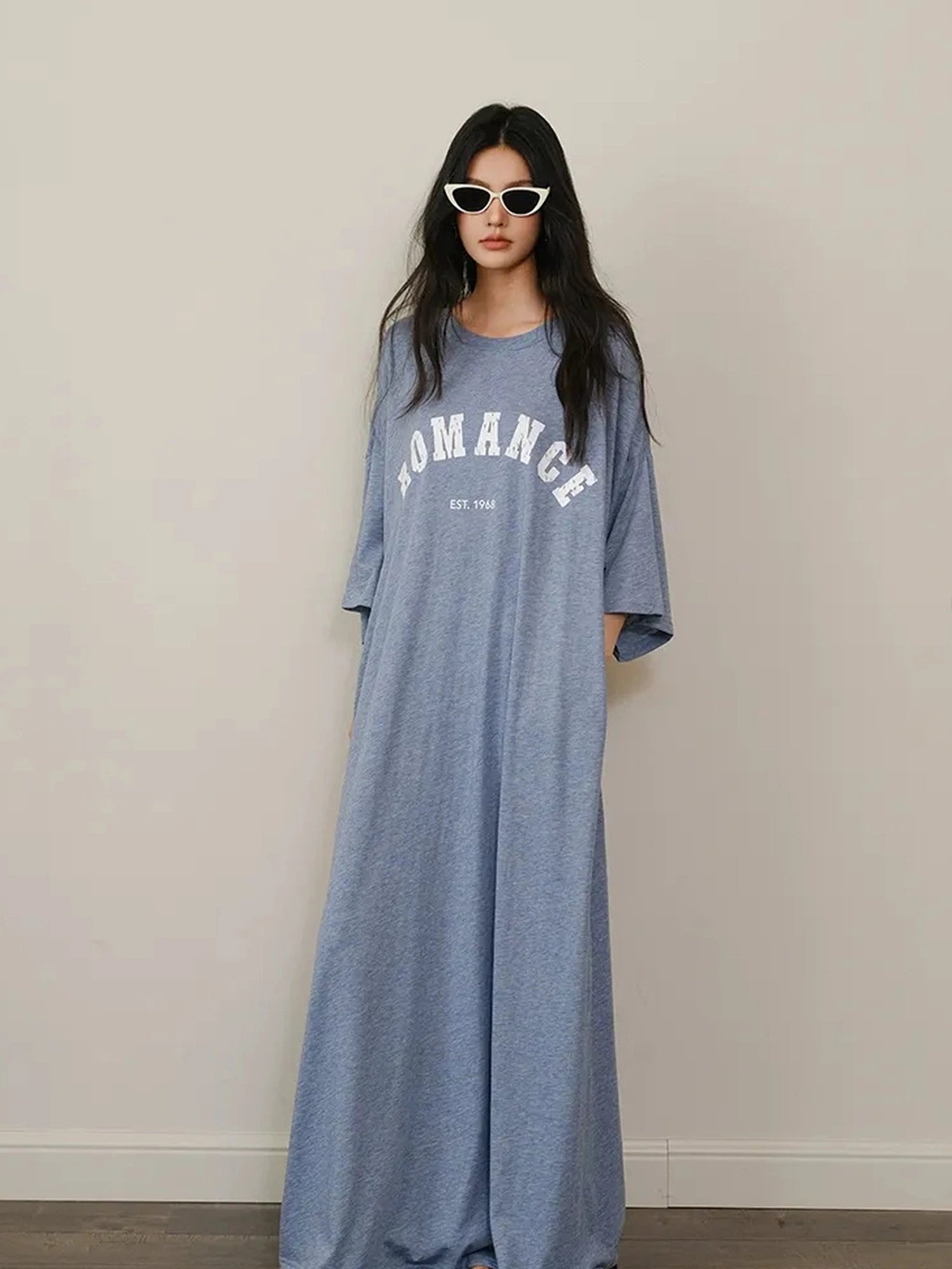FU FRESH UP Relaxed Lyocell Cotton Print Maxi Dress V-neck T-shirt Long Sleeve