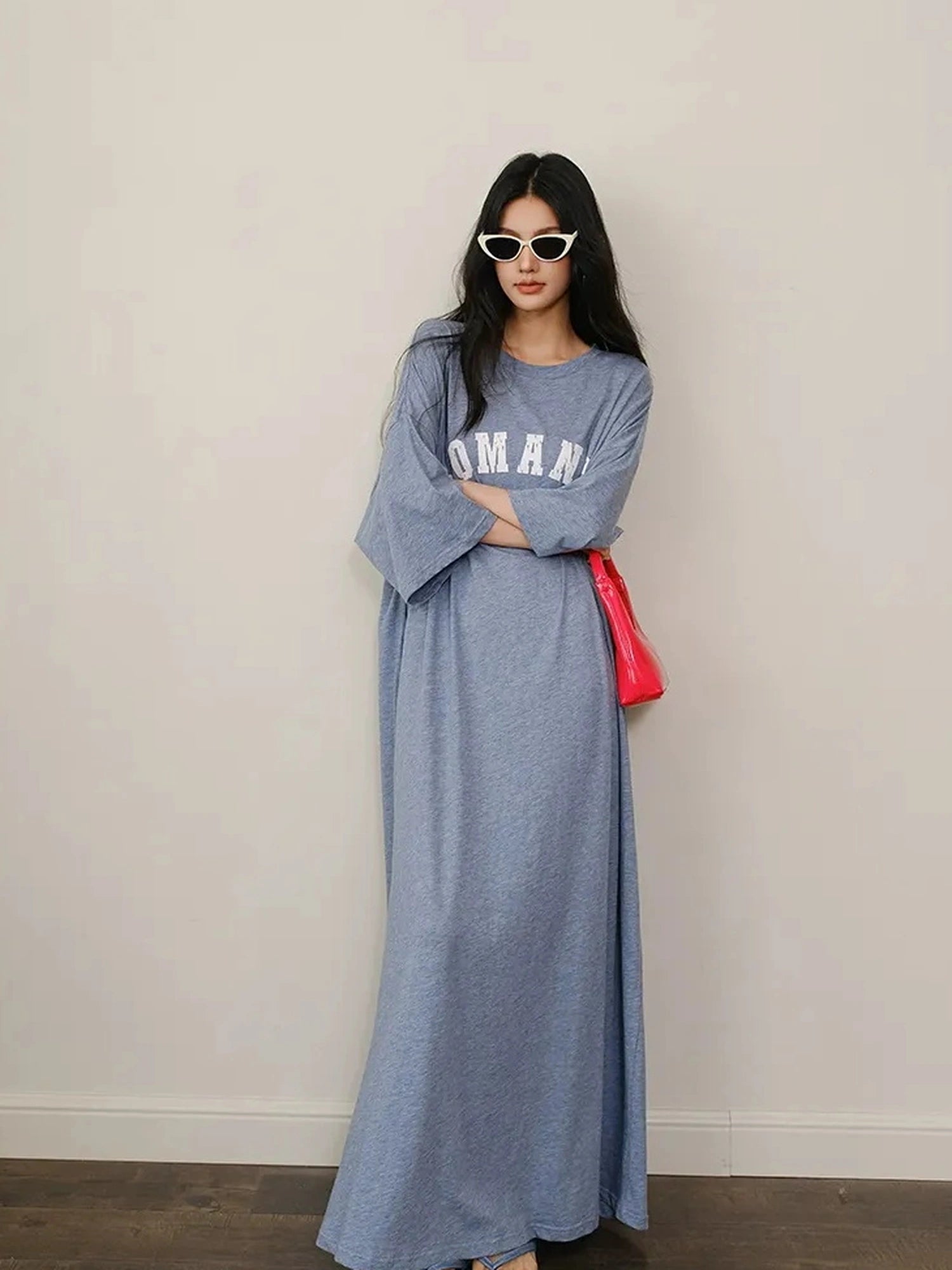 FU FRESH UP Relaxed Lyocell Cotton Print Maxi Dress V-neck T-shirt Long Sleeve