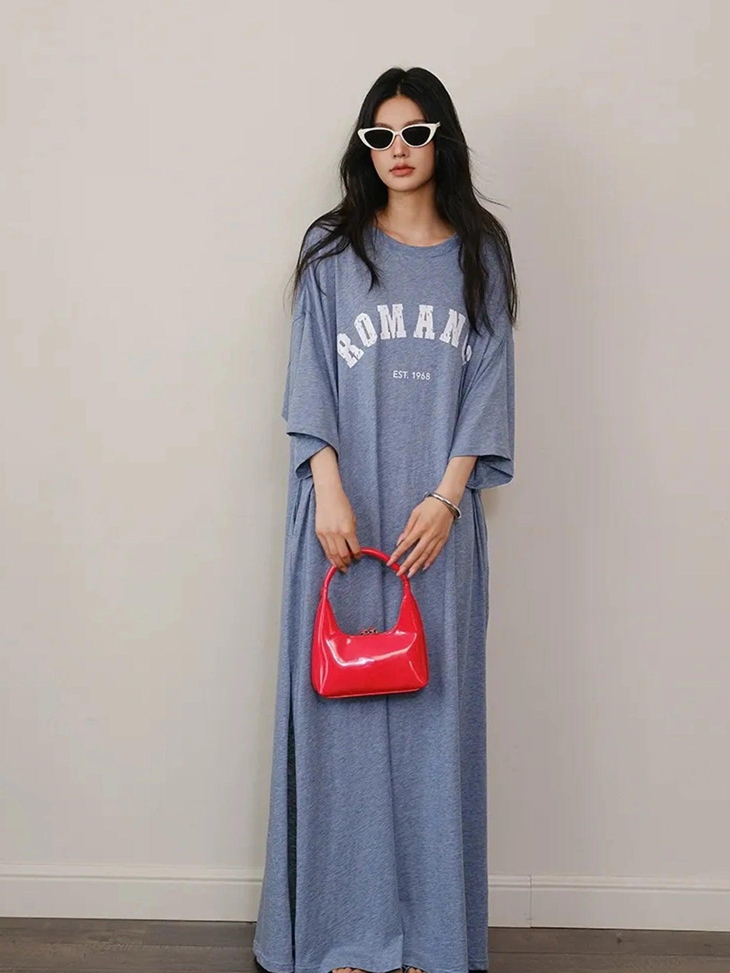 FU FRESH UP Relaxed Lyocell Cotton Print Maxi Dress V-neck T-shirt Long Sleeve
