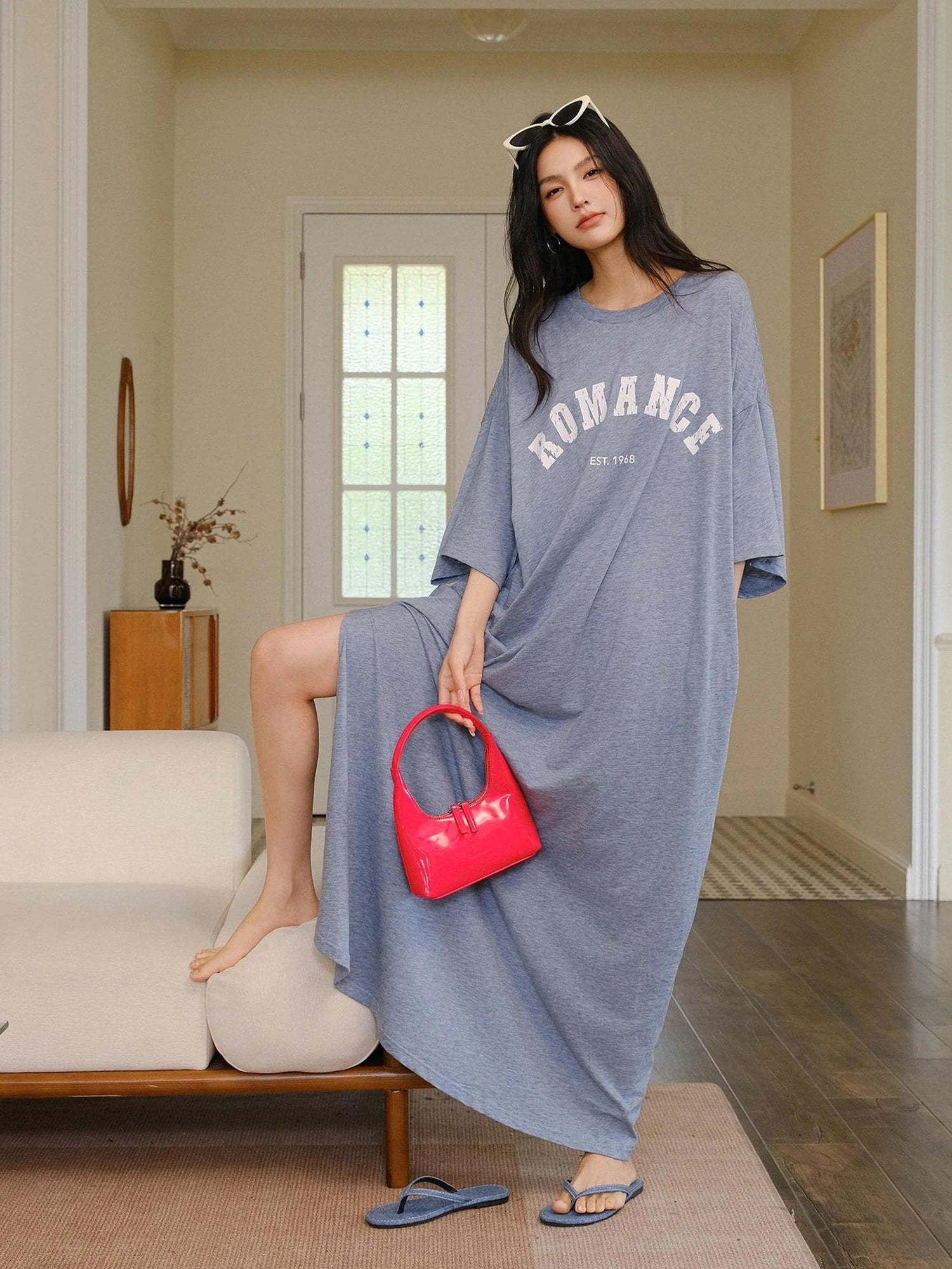 FU FRESH UP Relaxed Lyocell Cotton Print Maxi Dress V-neck T-shirt Long Sleeve