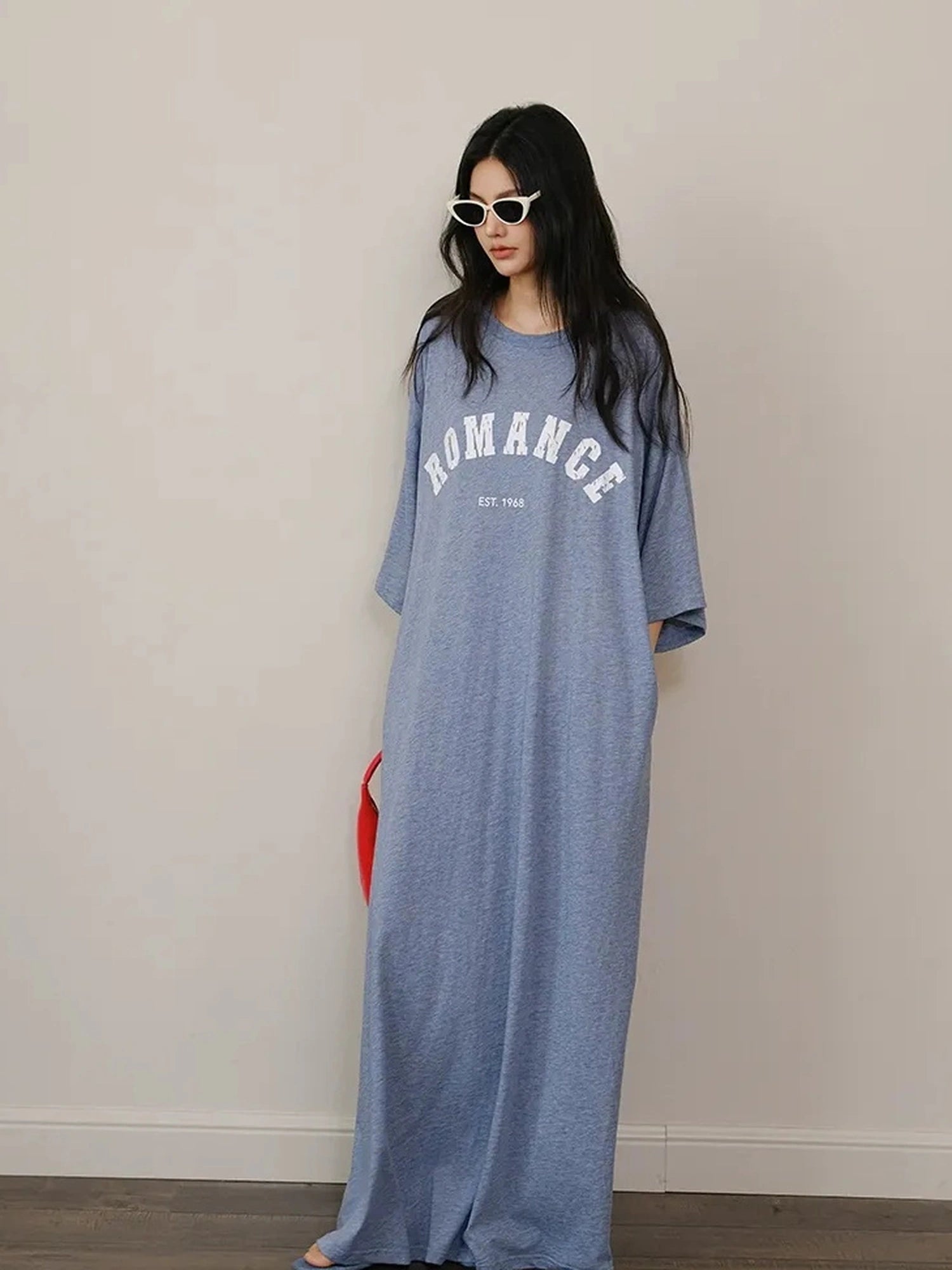 FU FRESH UP Relaxed Lyocell Cotton Print Maxi Dress V-neck T-shirt Long Sleeve
