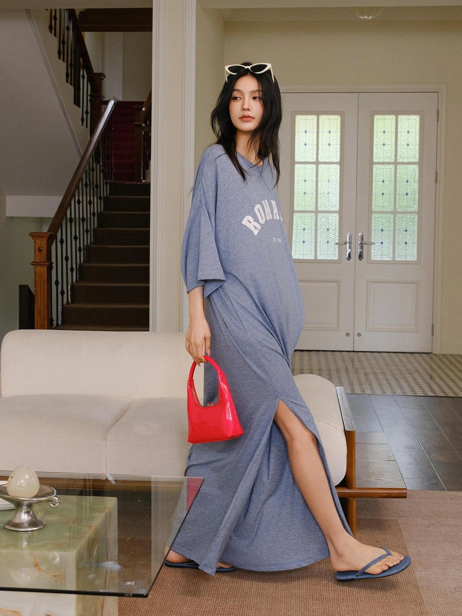 FU FRESH UP Relaxed Lyocell Cotton Print Maxi Dress V-neck T-shirt Long Sleeve