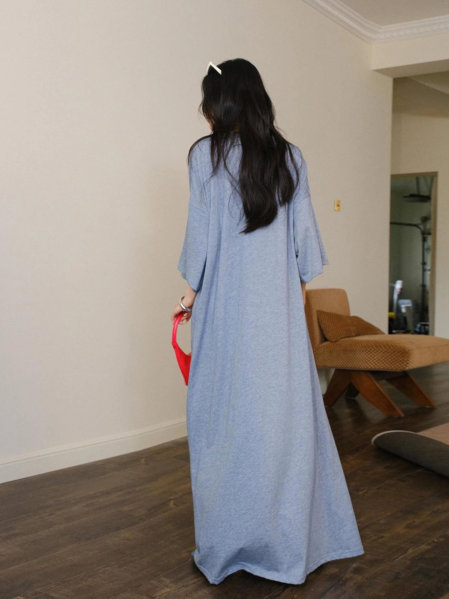 FU FRESH UP Relaxed Lyocell Cotton Print Maxi Dress V-neck T-shirt Long Sleeve