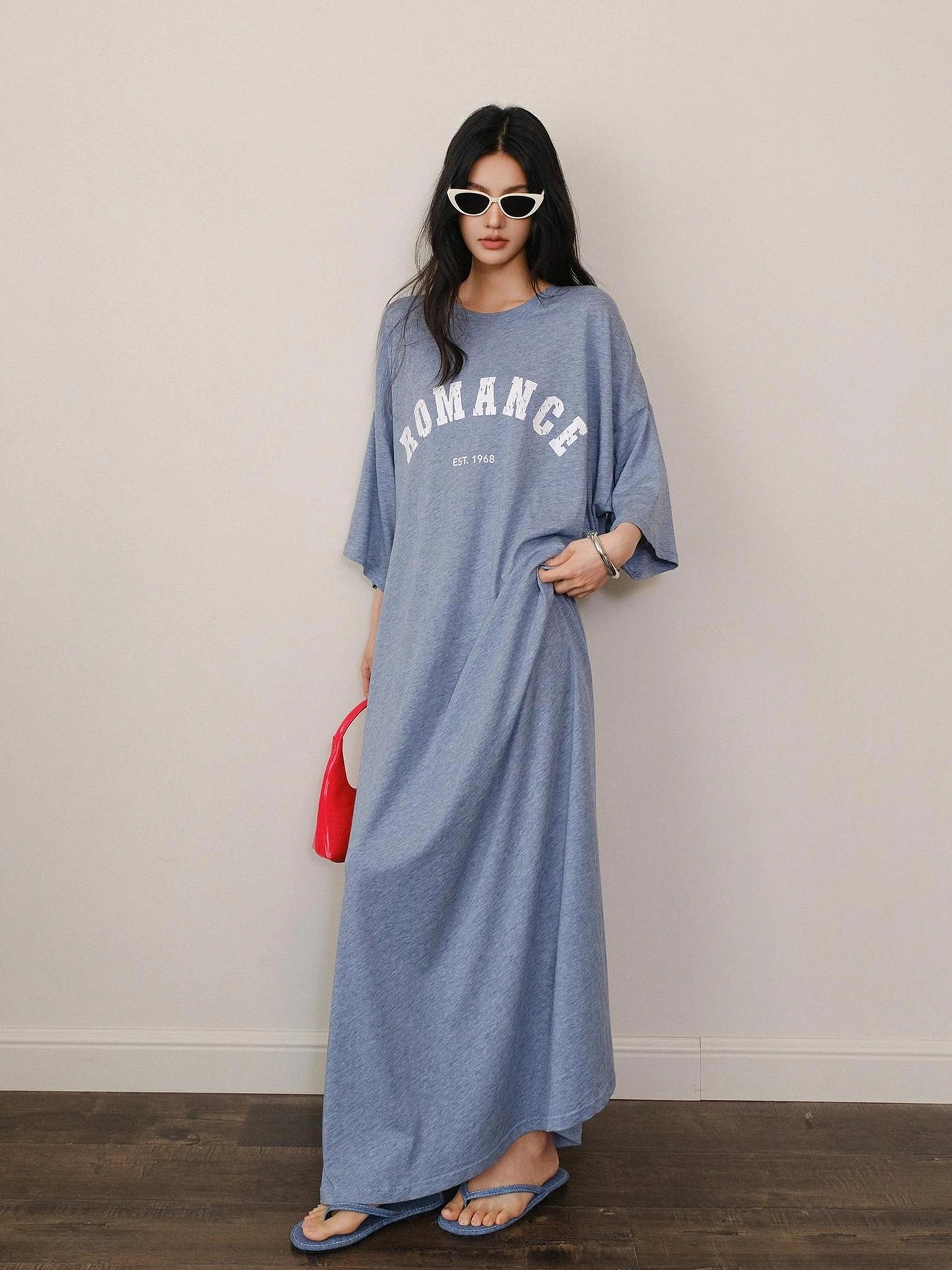 FU FRESH UP Relaxed Lyocell Cotton Print Maxi Dress V-neck T-shirt Long Sleeve