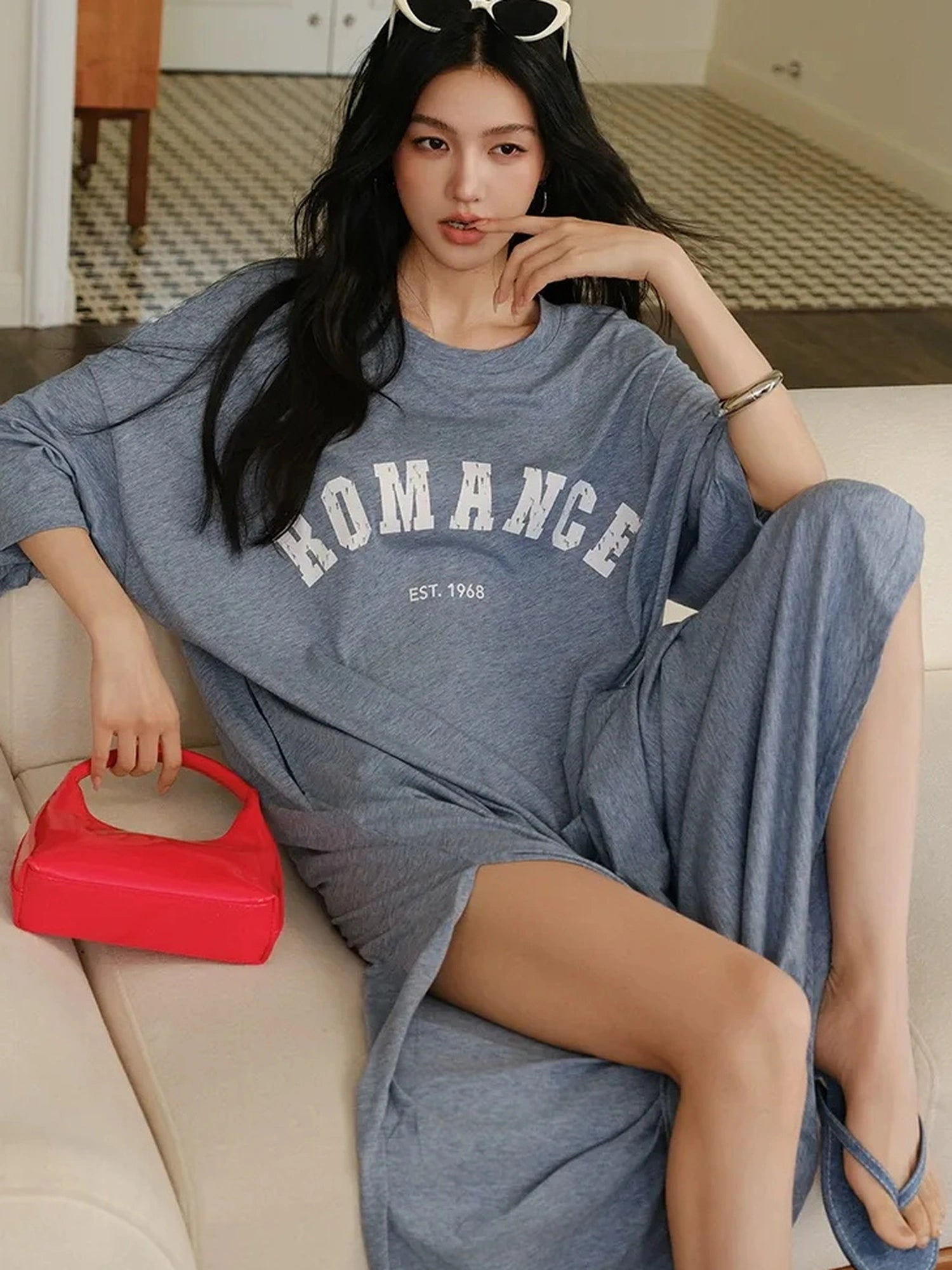 FU FRESH UP Relaxed Lyocell Cotton Print Maxi Dress V-neck T-shirt Long Sleeve