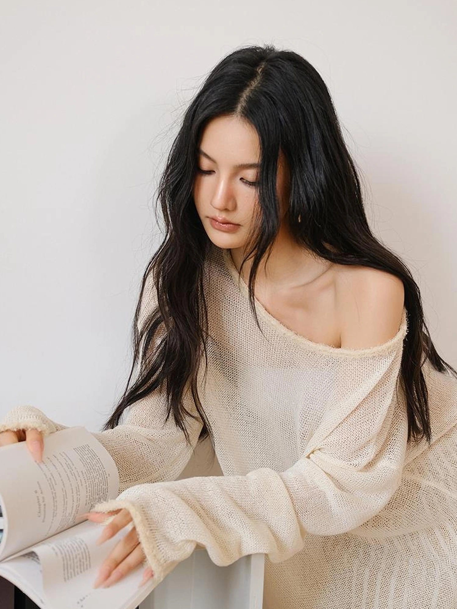 FU FRESH UP Relaxed Slip Stitch Paper Yarn Off Shoulder V-neck T-shirt Long Sleeve