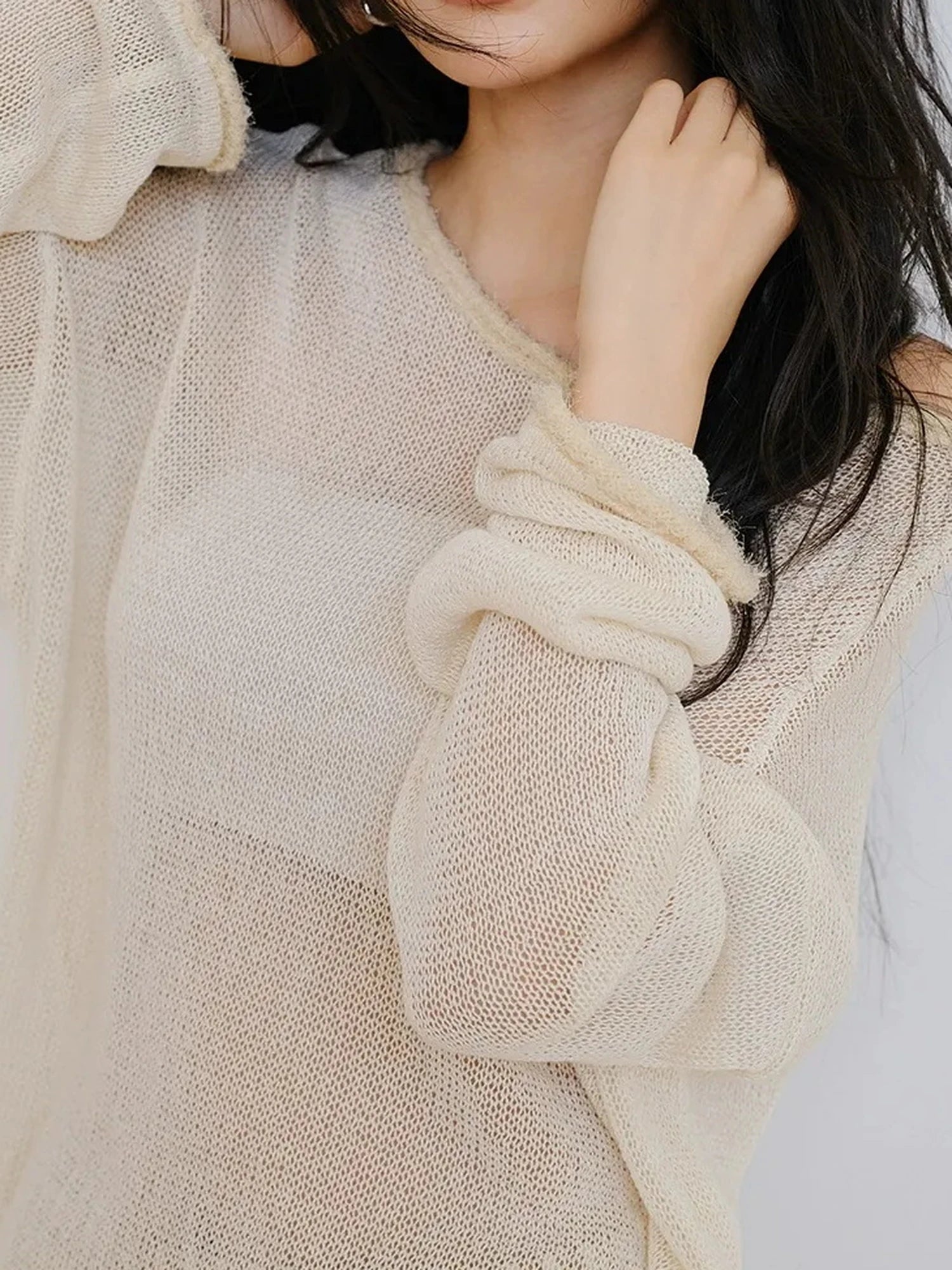 FU FRESH UP Relaxed Slip Stitch Paper Yarn Off Shoulder V-neck T-shirt Long Sleeve