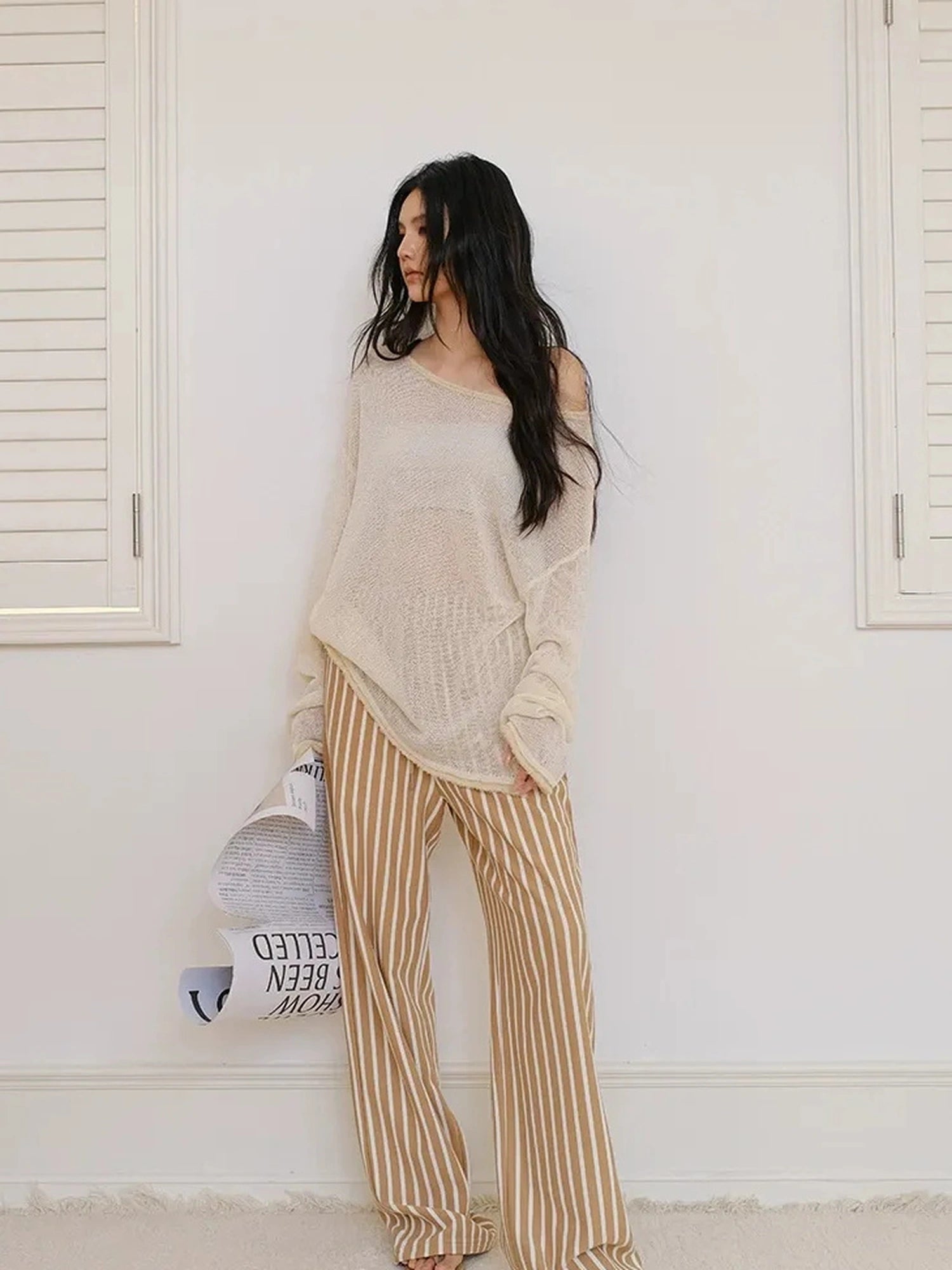 FU FRESH UP Relaxed Slip Stitch Paper Yarn Off Shoulder V-neck T-shirt Long Sleeve