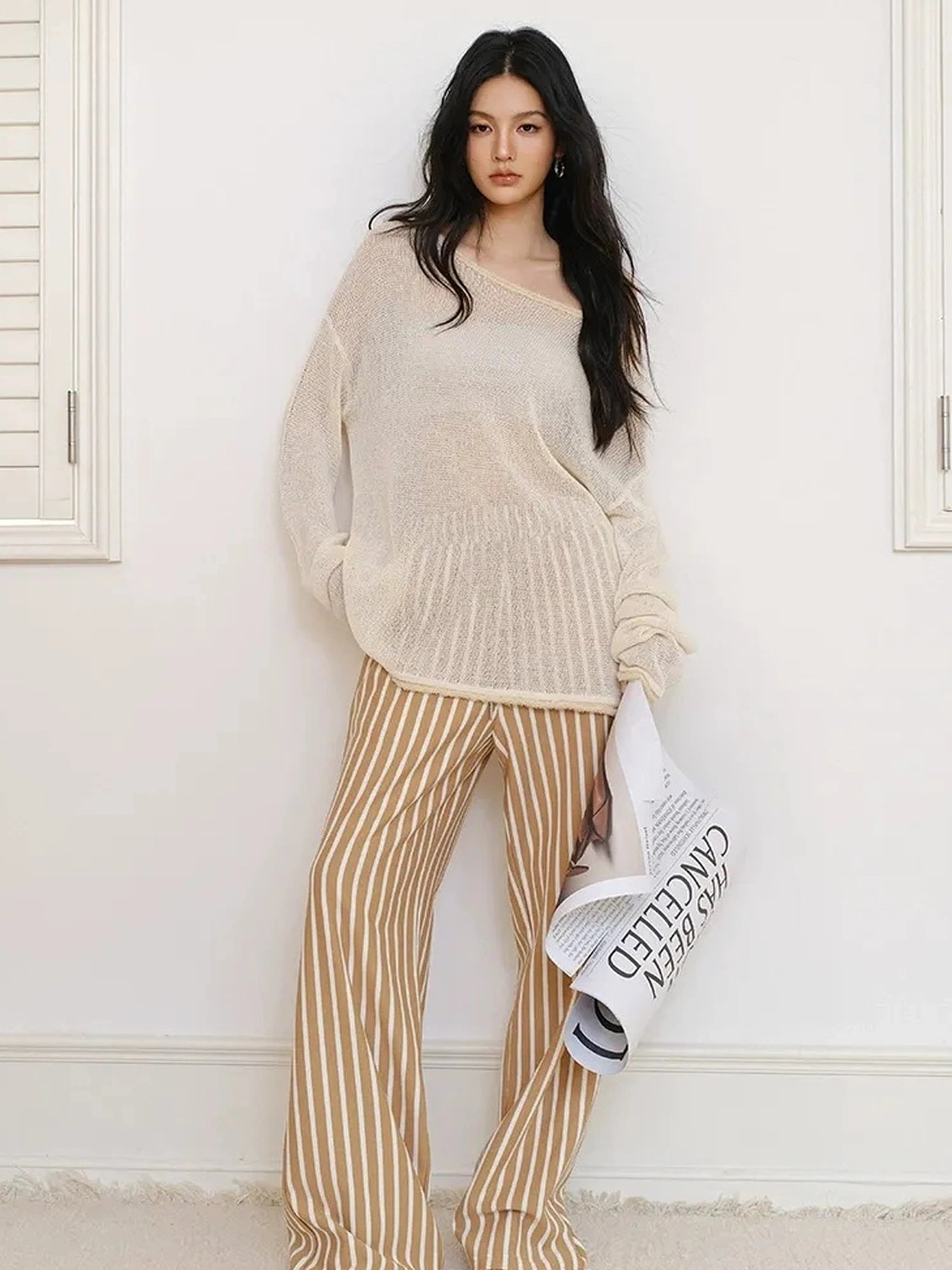 FU FRESH UP Relaxed Slip Stitch Paper Yarn Off Shoulder V-neck T-shirt Long Sleeve