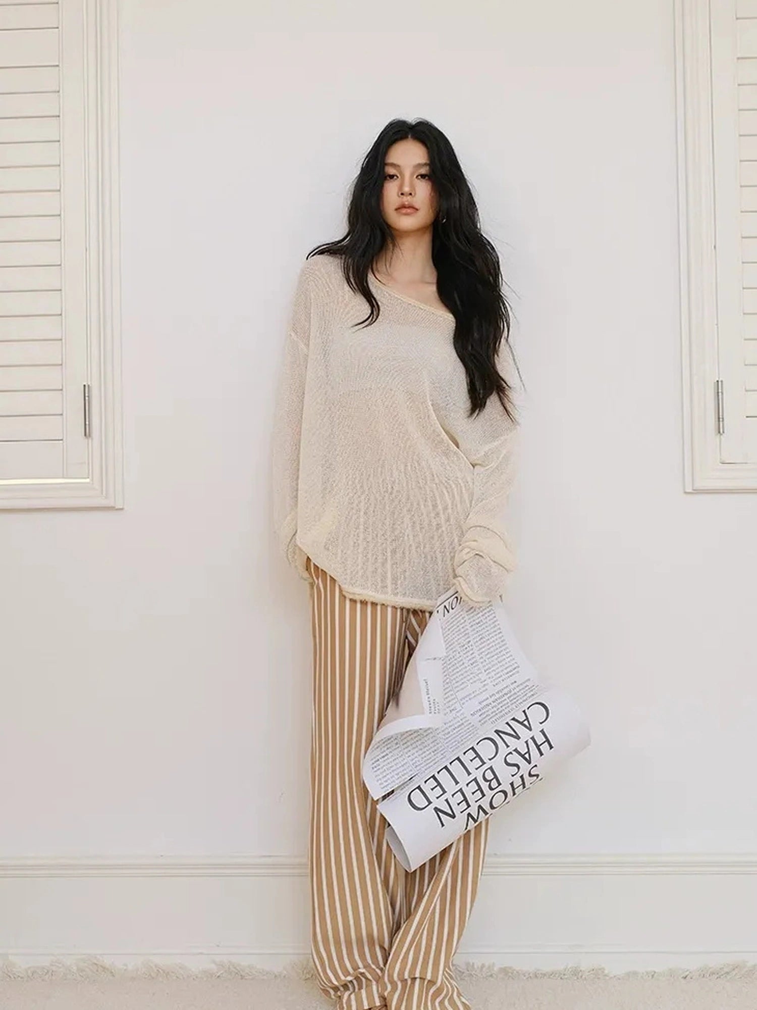 FU FRESH UP Relaxed Slip Stitch Paper Yarn Off Shoulder V-neck T-shirt Long Sleeve