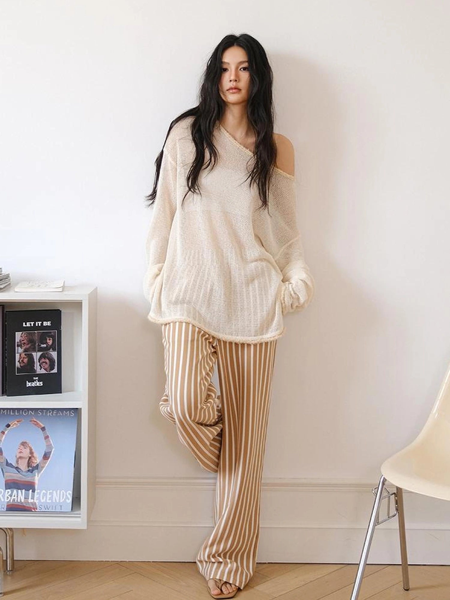 FU FRESH UP Relaxed Slip Stitch Paper Yarn Off Shoulder V-neck T-shirt Long Sleeve