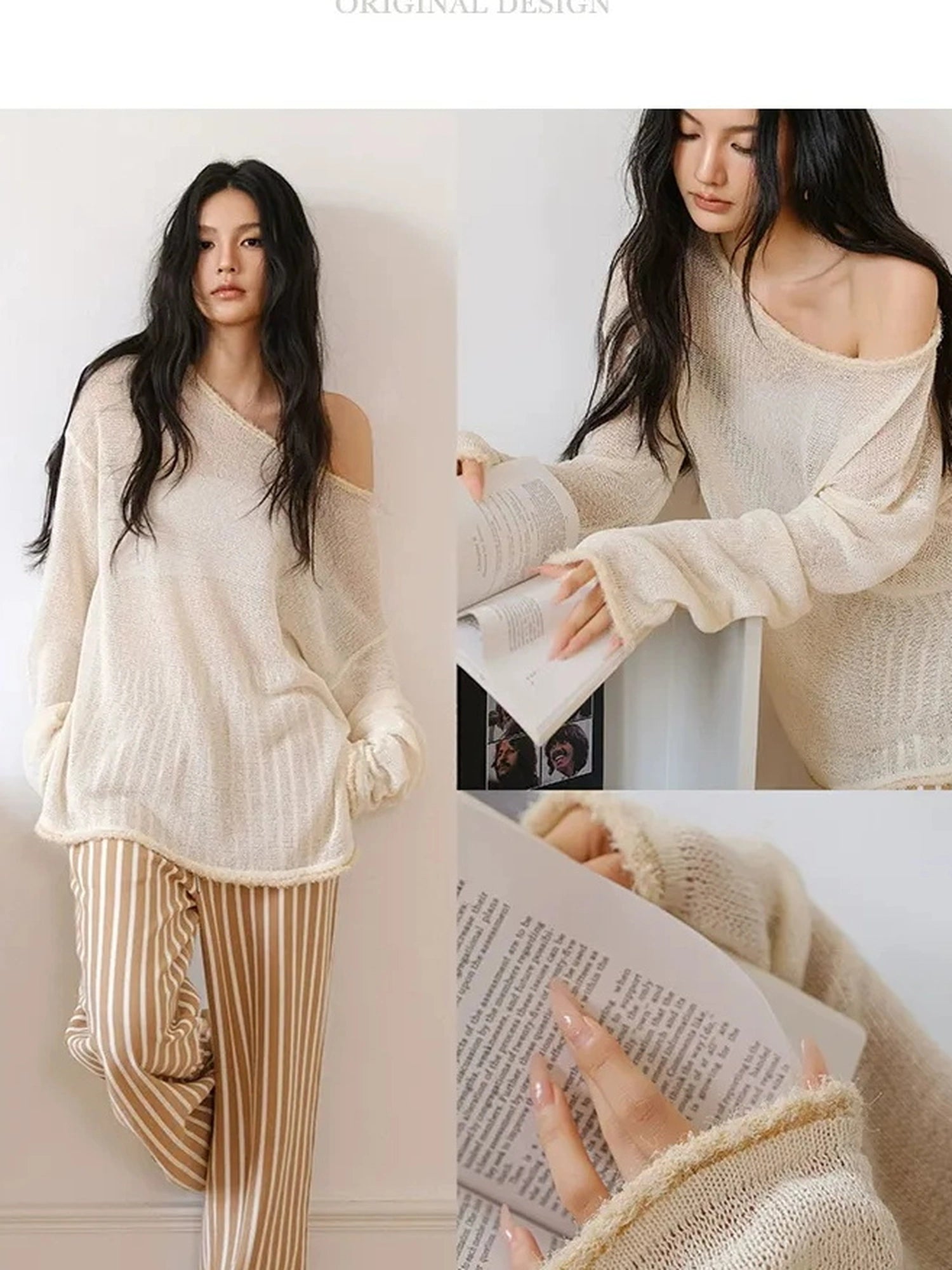 FU FRESH UP Relaxed Slip Stitch Paper Yarn Off Shoulder V-neck T-shirt Long Sleeve