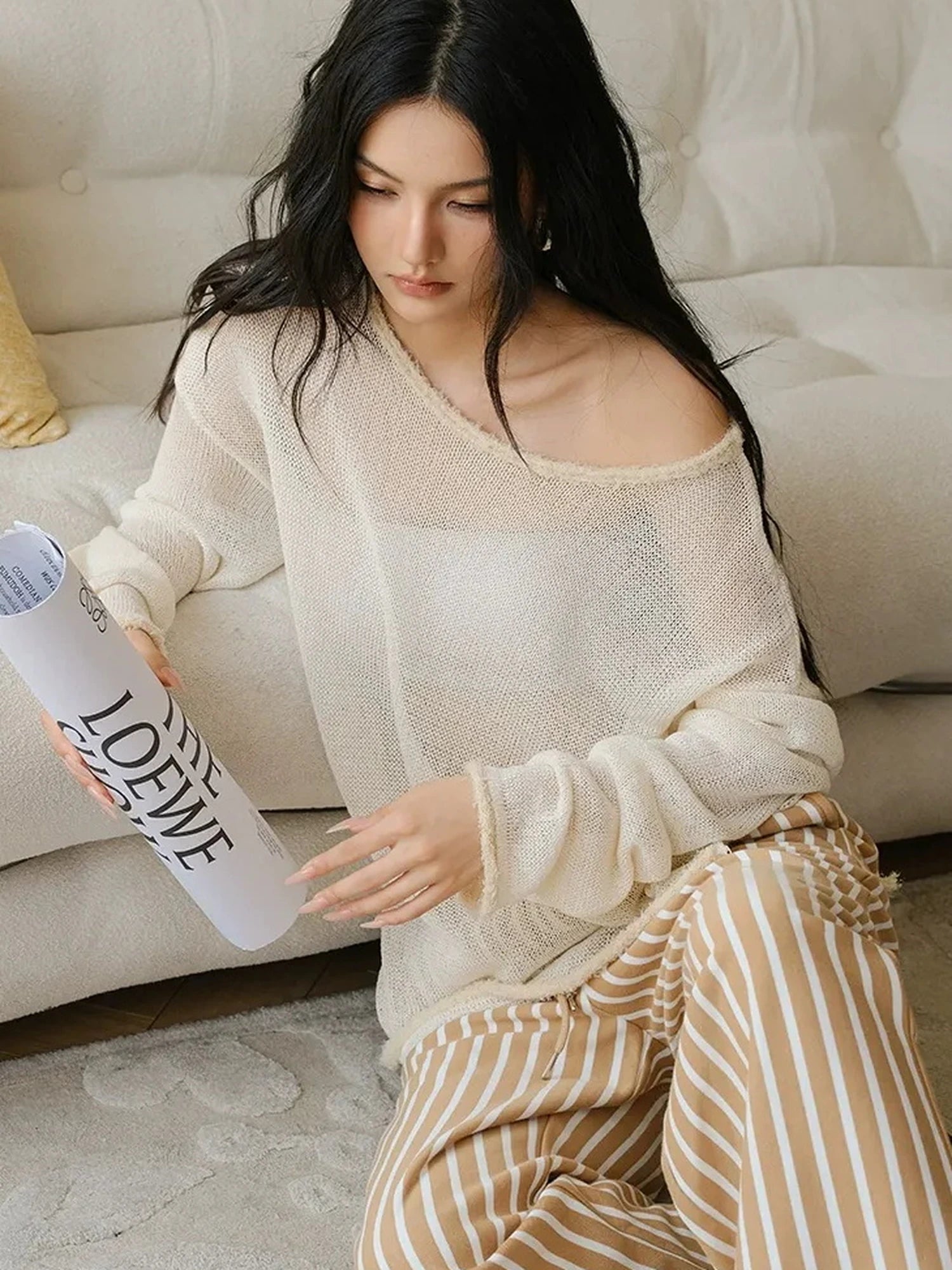 FU FRESH UP Relaxed Slip Stitch Paper Yarn Off Shoulder V-neck T-shirt Long Sleeve