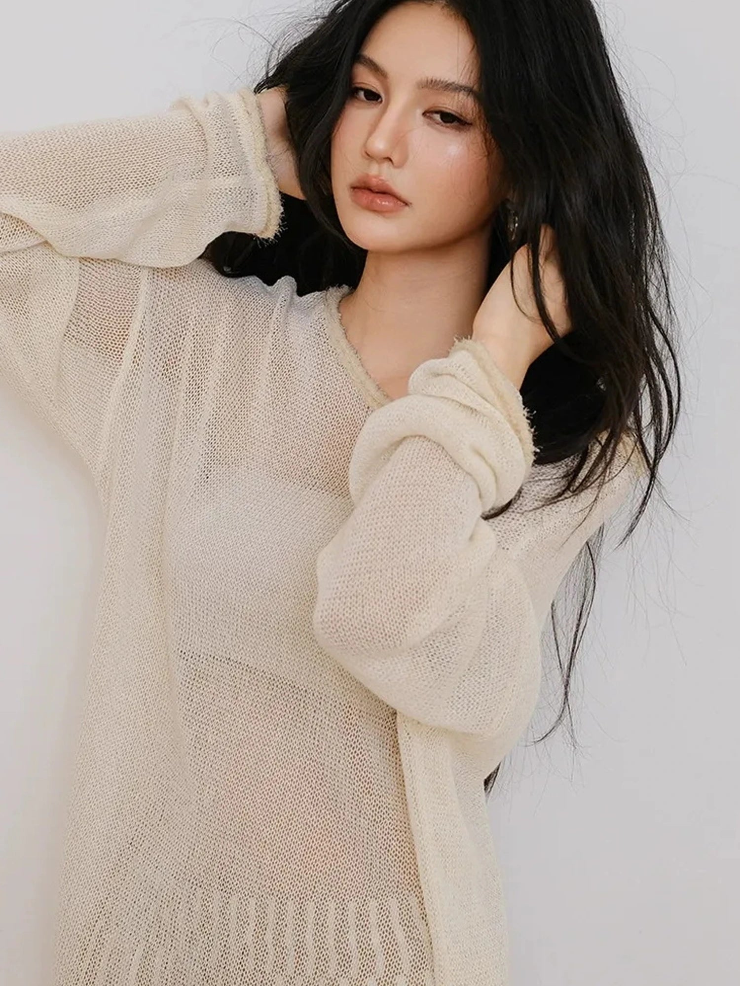 FU FRESH UP Relaxed Slip Stitch Paper Yarn Off Shoulder V-neck T-shirt Long Sleeve